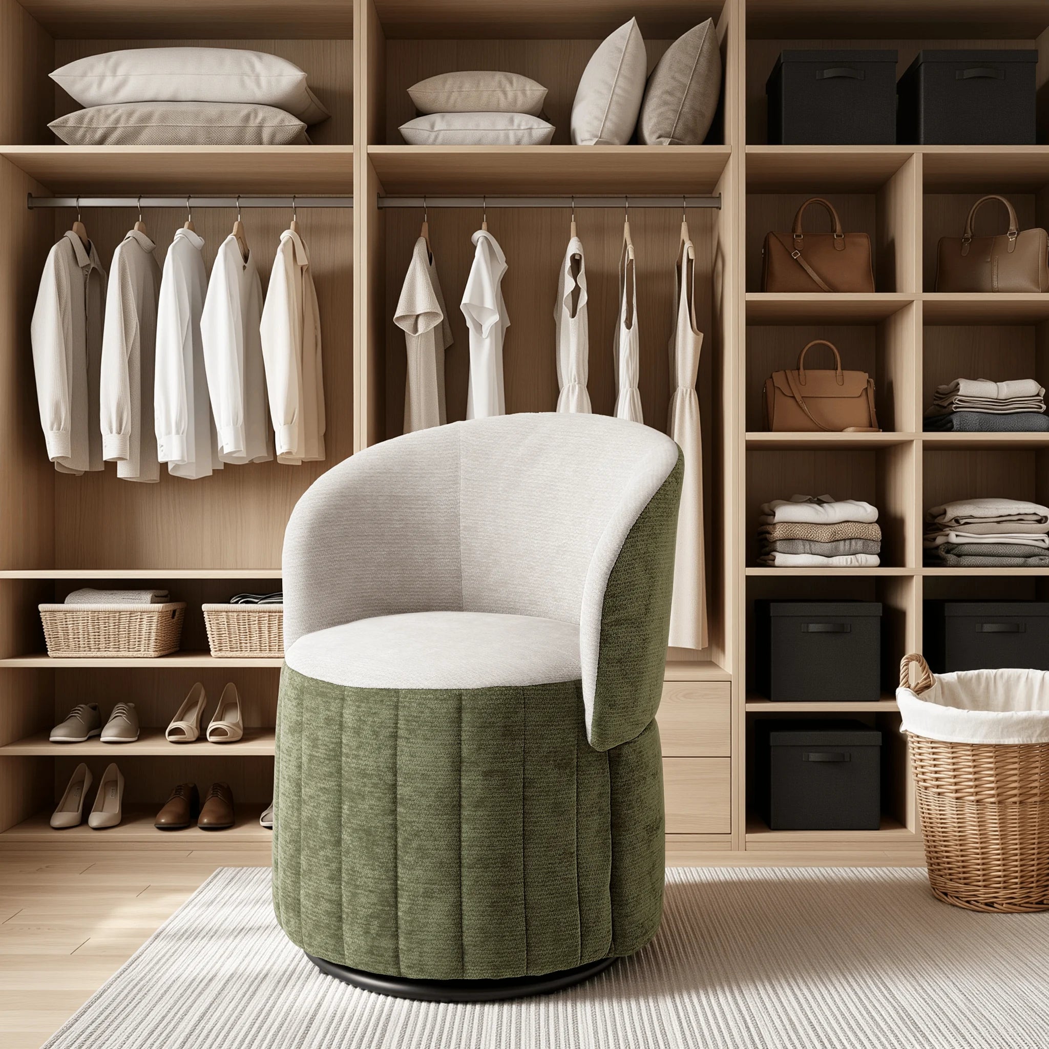 Green and beige barrel accent chair with foldable backrest and round swivel base