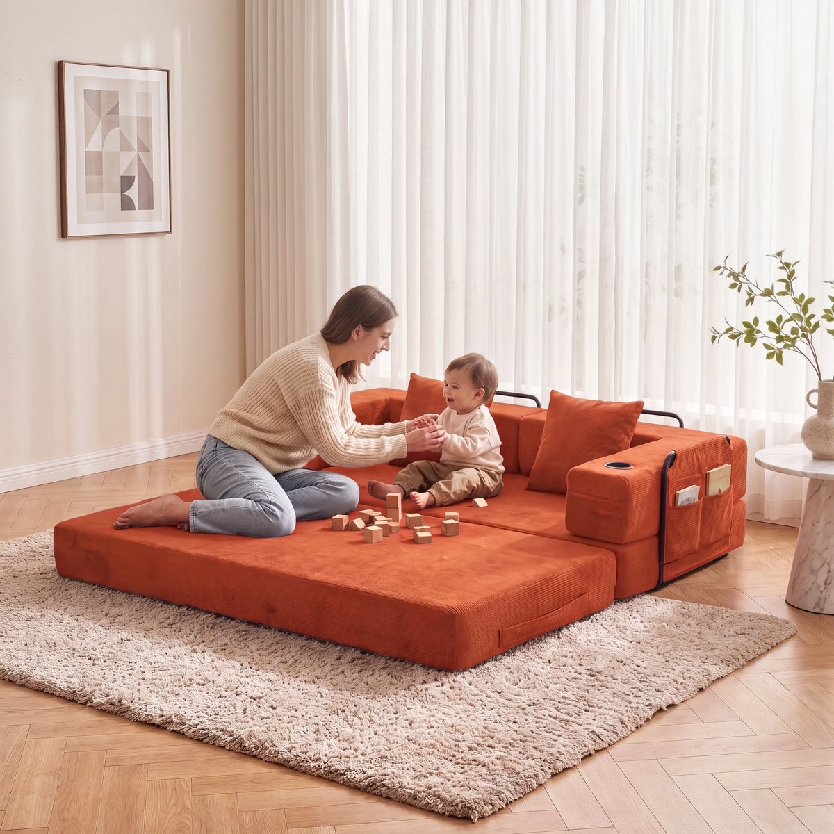Orange modular sofa platform with side ottoman storage and three back cushions
