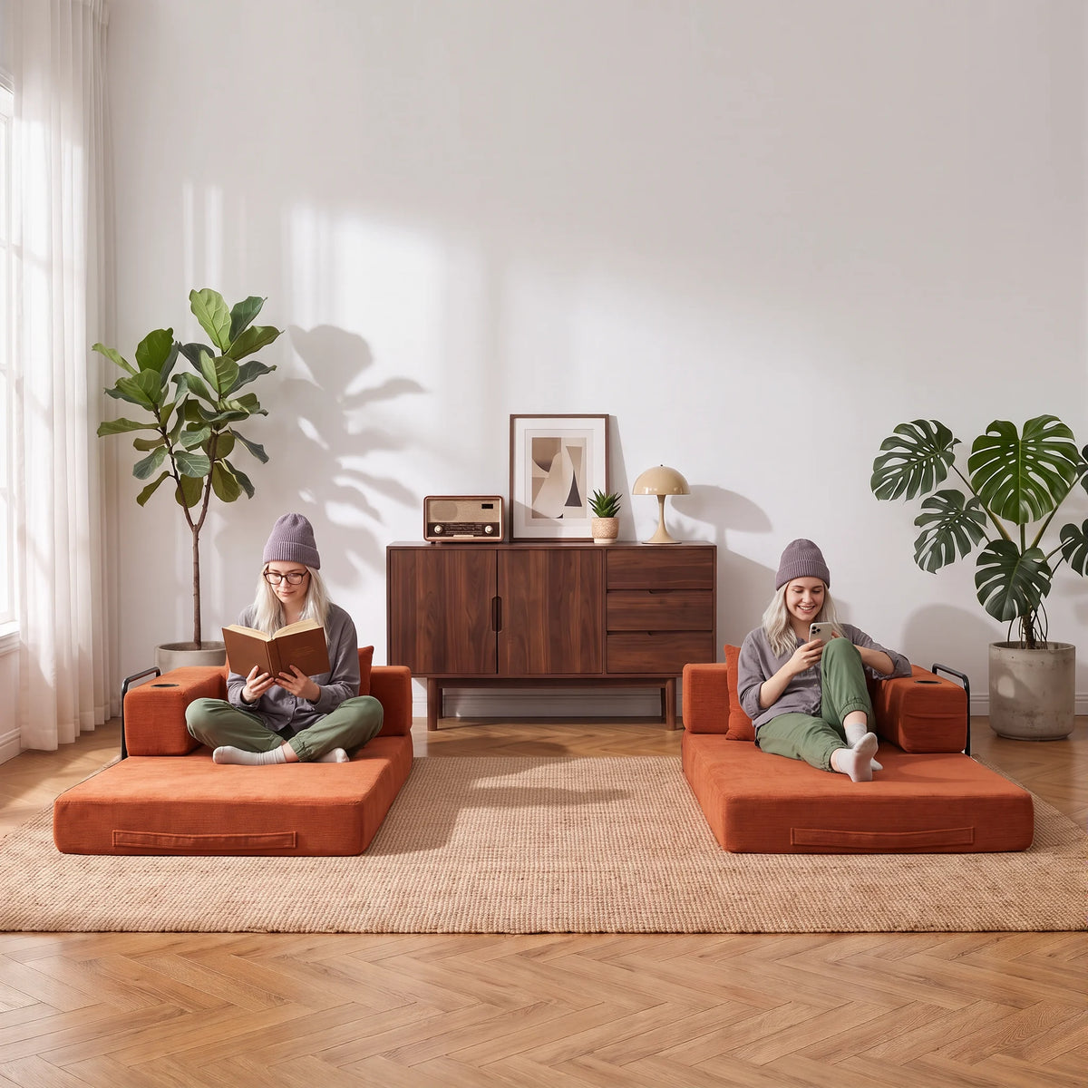 Orange modular sofa set with low platform bases and detachable padded ottomans
