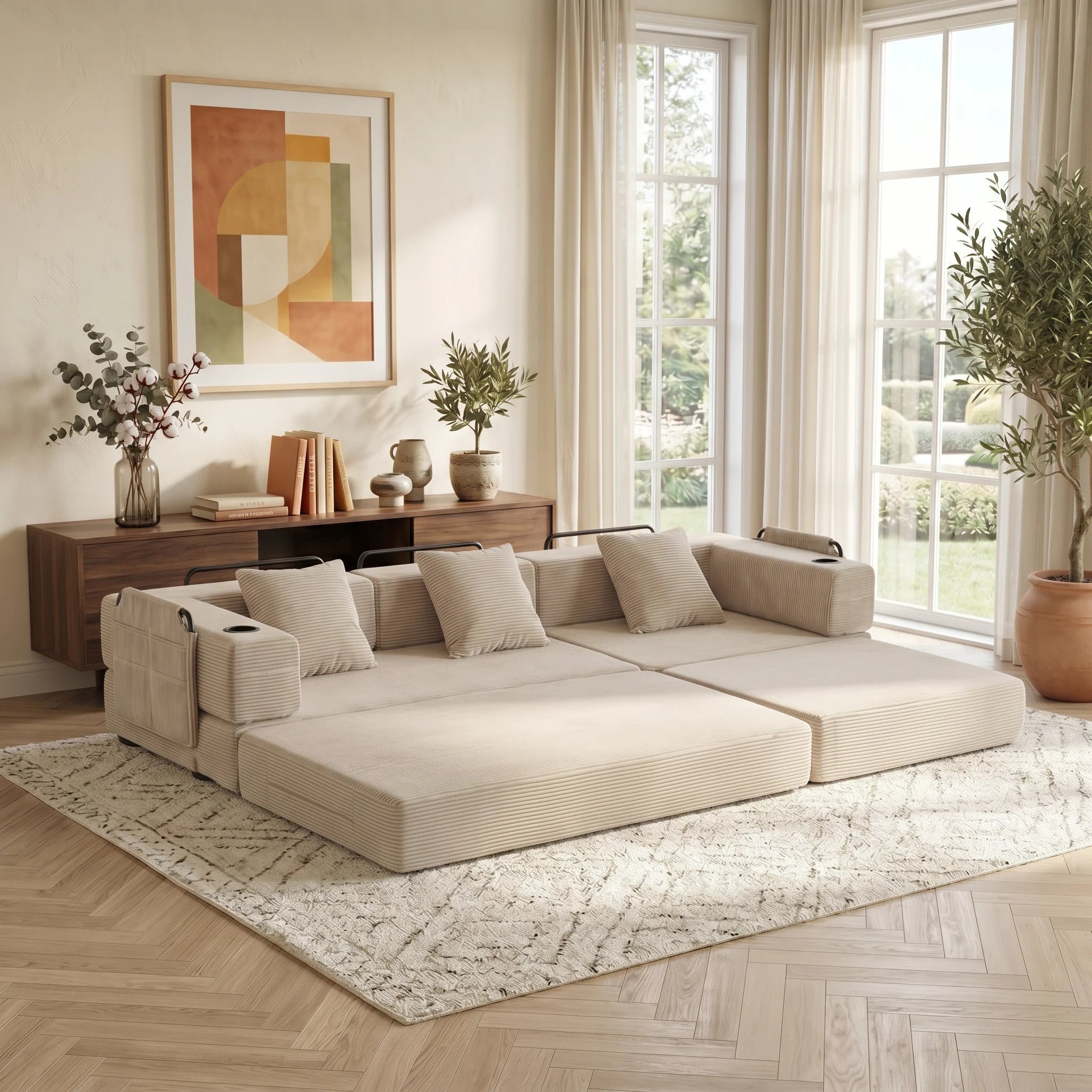 Light beige corduroy modular sofa with chaise base and several square throw pillows
