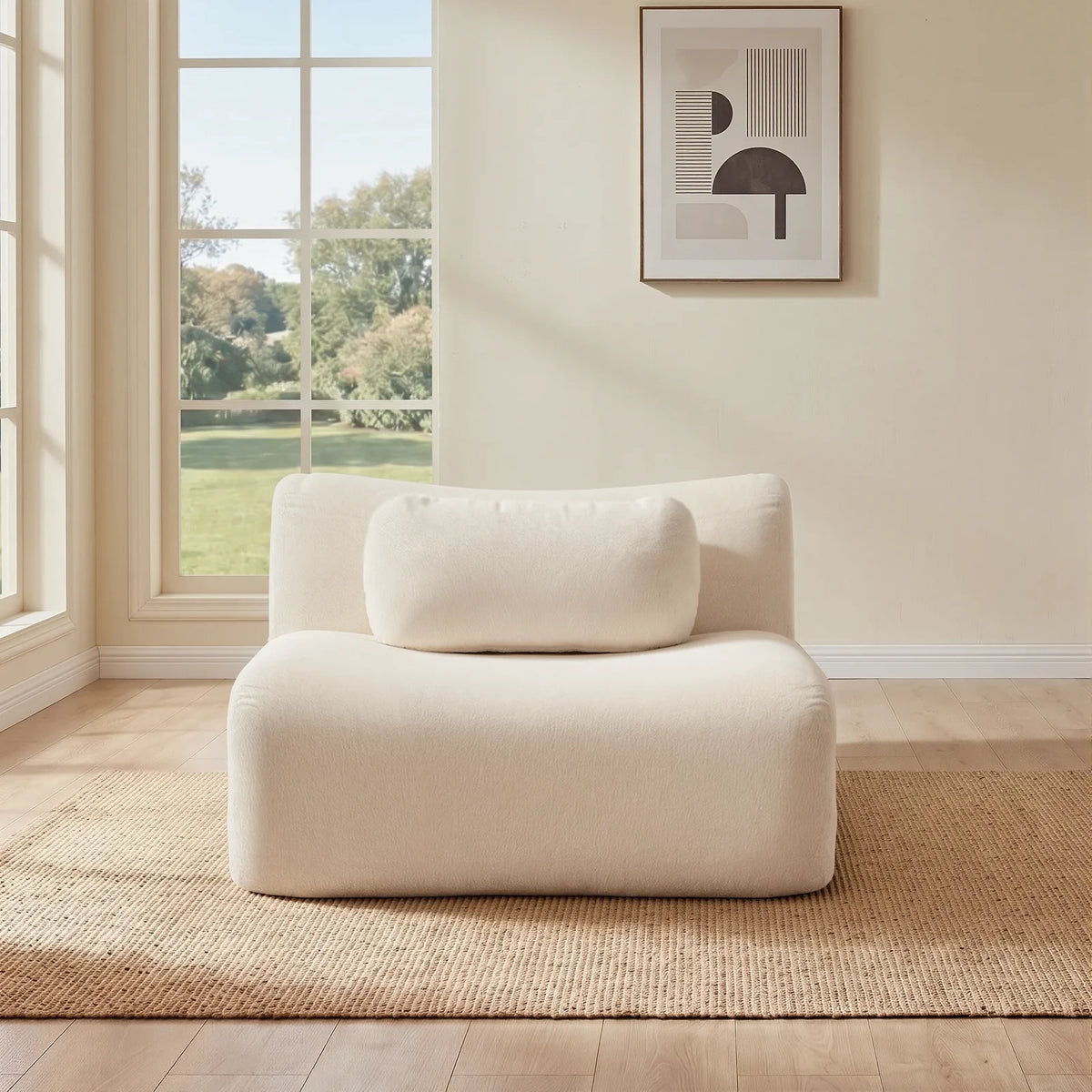 White modular compressed sofa with two seat sections and a single back pillow
