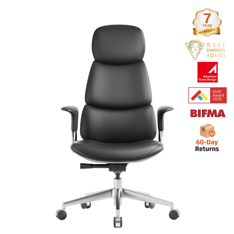 Black leather office chair with adjustable headrest, rounded seat, and chrome base