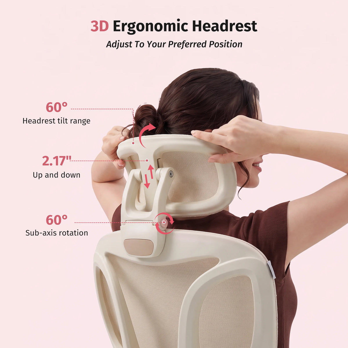 Cream ergonomic office chair with adjustable 3D headrest and neck support