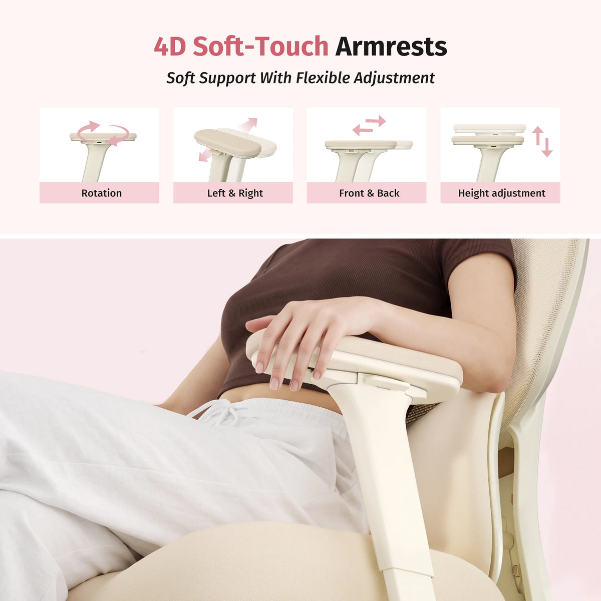 Cream ergonomic office chair with cushioned armrests and flexible adjustment controls