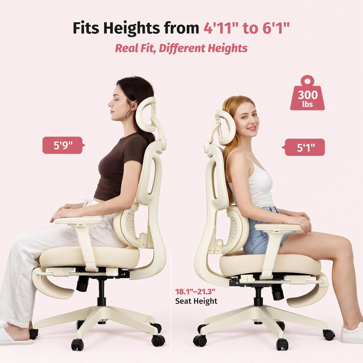 Cream ergonomic office chair with headrest and adjustable seat height for different users