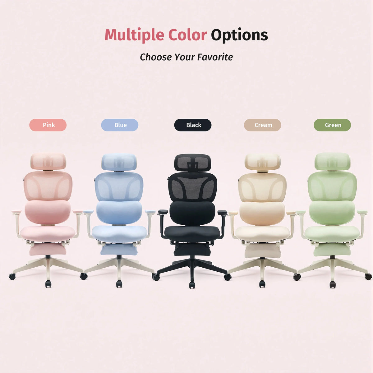 Ergonomic office chairs in multiple colors with matching headrest and cushioned seat
