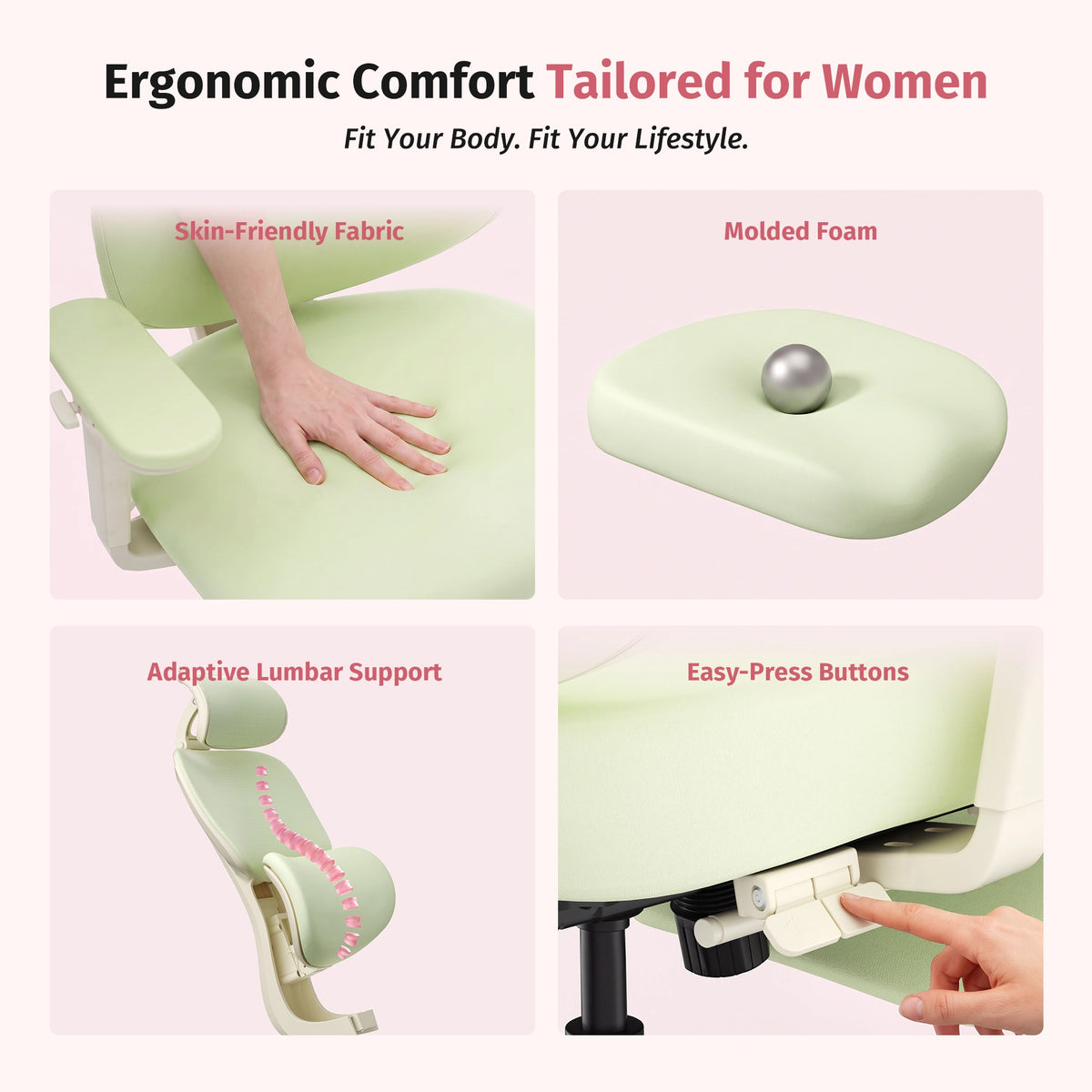 Green ergonomic office chair with molded foam seat and cushioned lumbar support