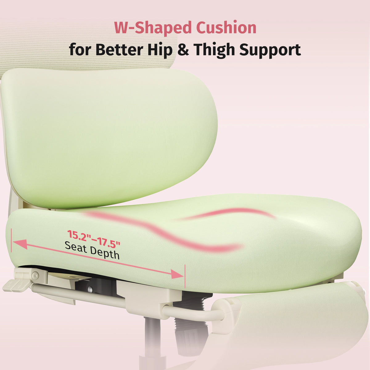 Green ergonomic office chair with W-shaped seat cushion for hip and thigh support