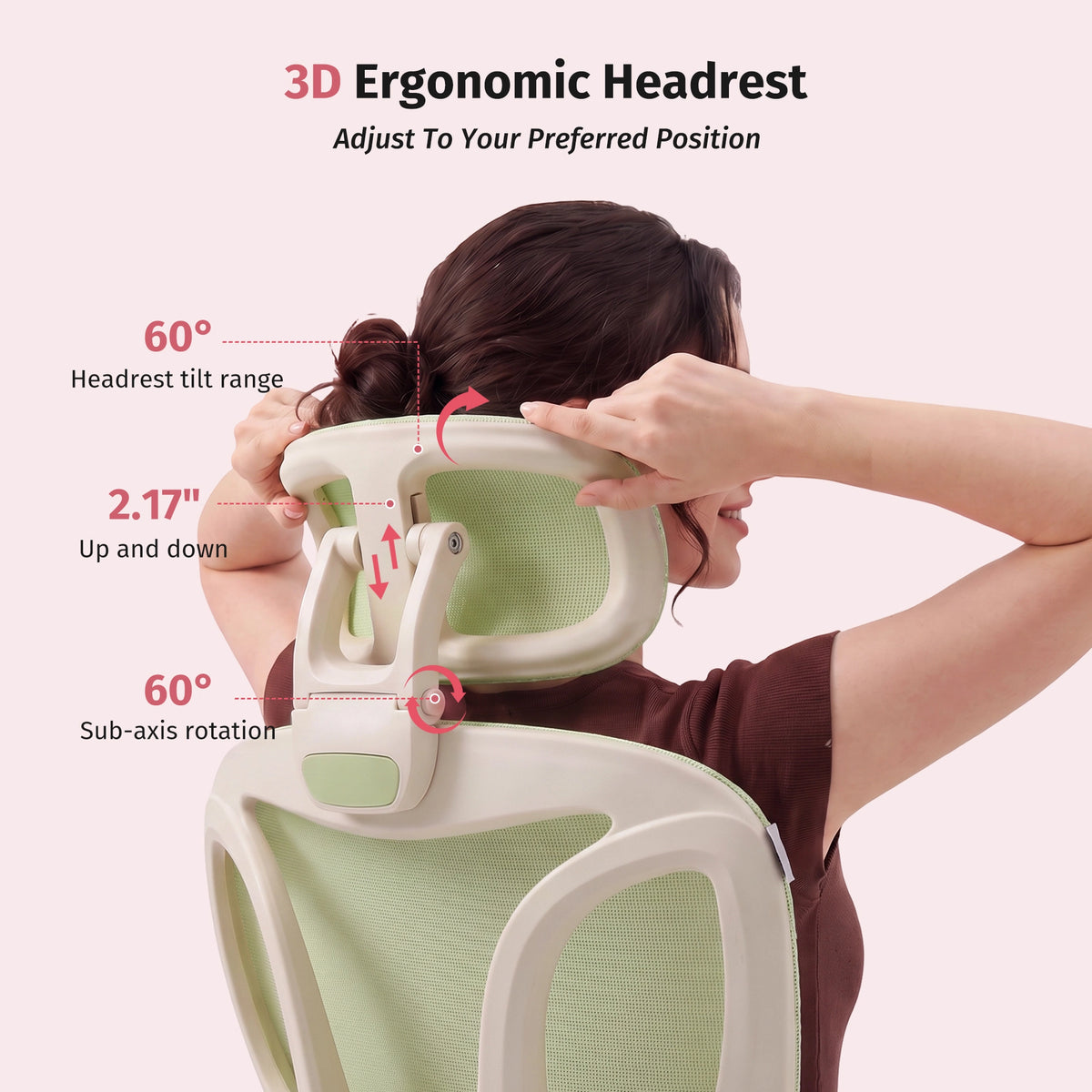 Green ergonomic office chair with 3D adjustable ergonomic headrest and neck support