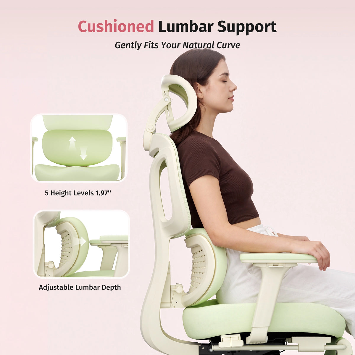 Green ergonomic office chair with cushioned lumbar support and adjustable headrest