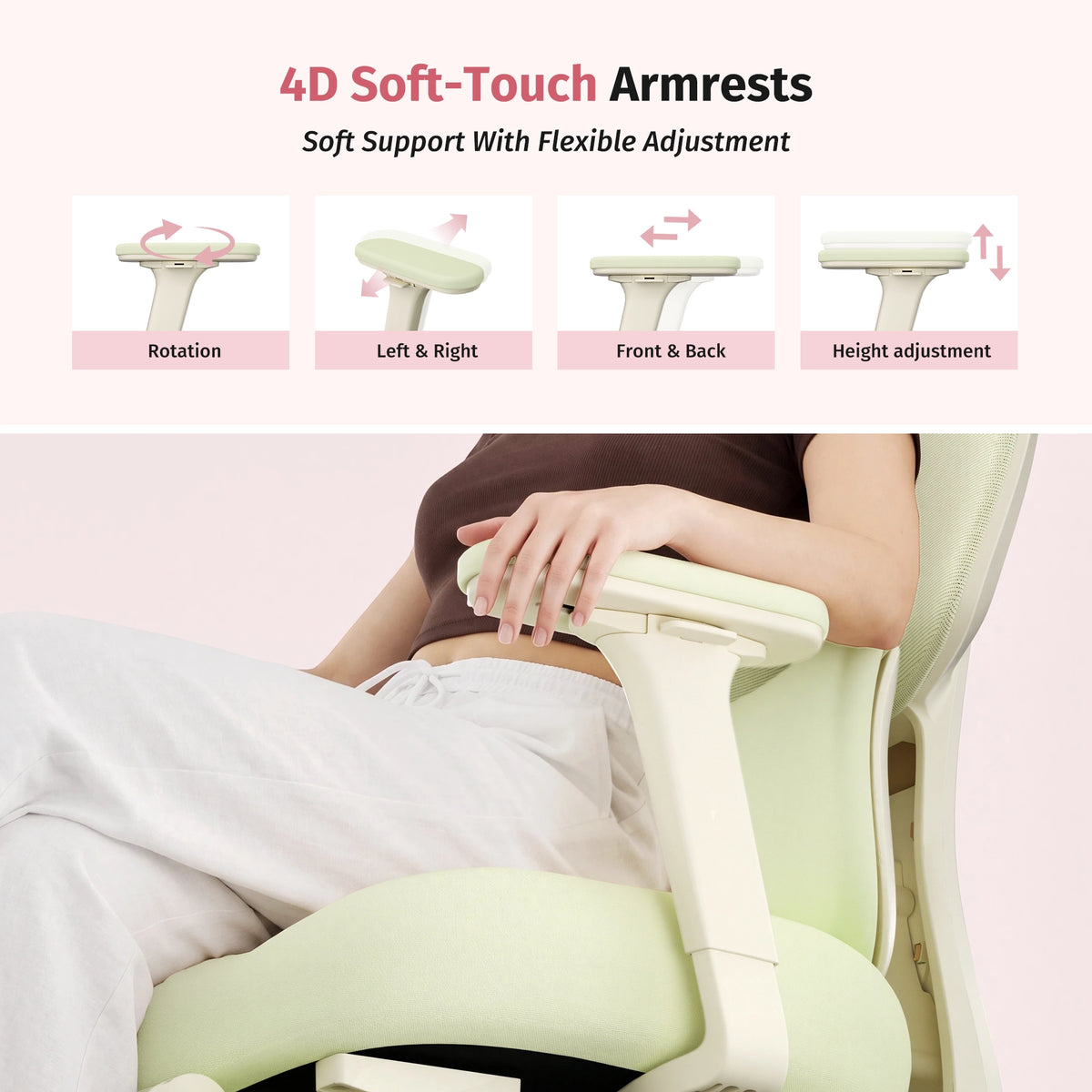 Green ergonomic office chair with 4D soft-touch armrests and flexible height adjustment