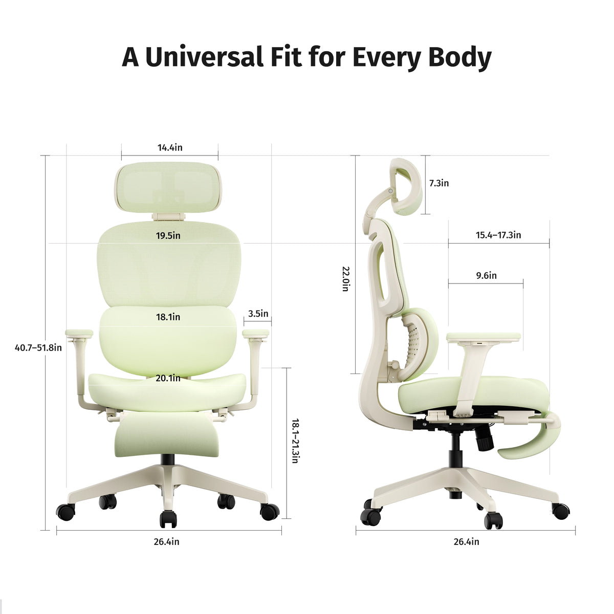 Light green ergonomic office chair with headrest, armrests, and footrest; side and front view