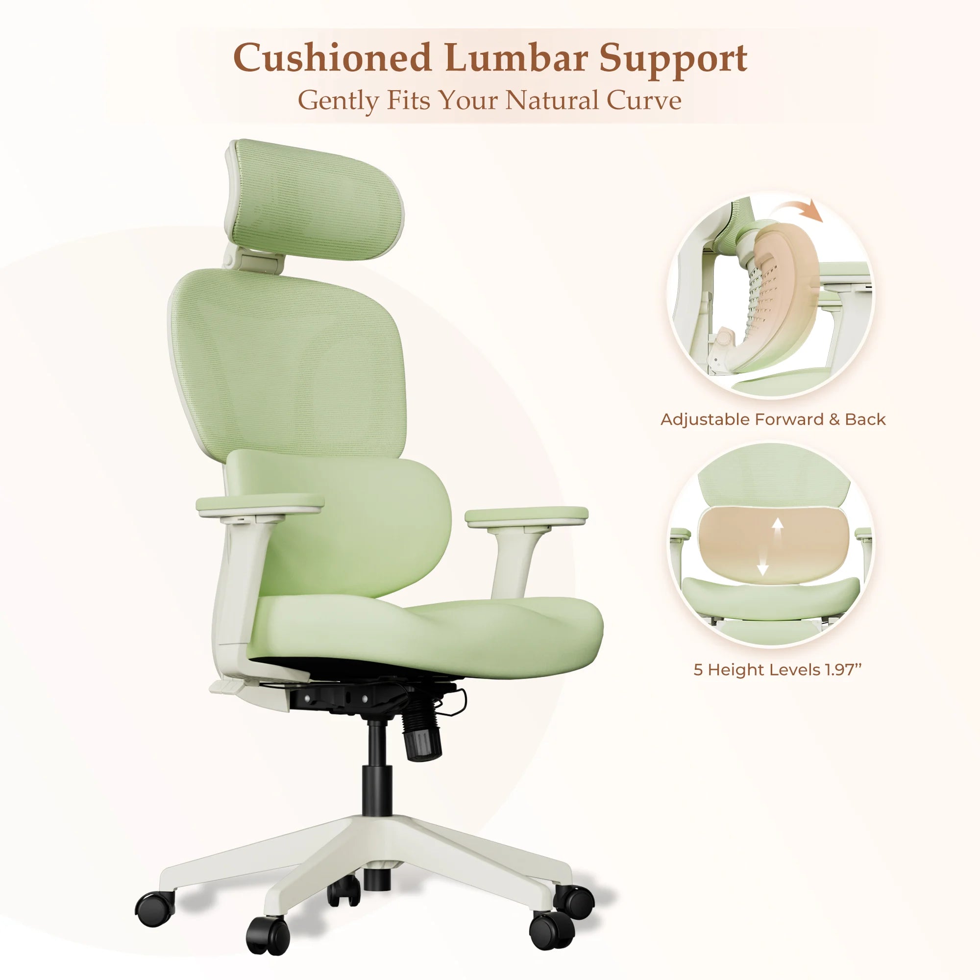 Light green office chair with cushioned lumbar support, adjustable forward/back, white base.