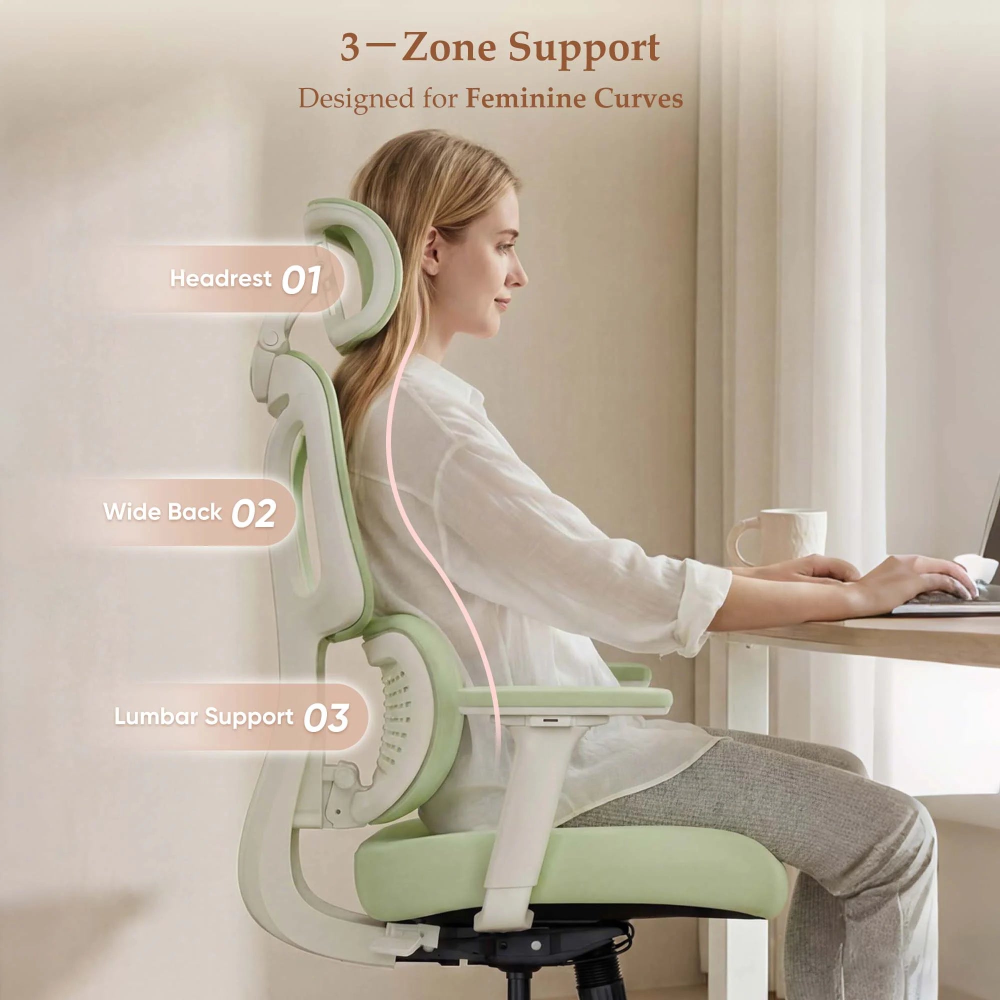 Light green office chair with cushioned headrest and lumbar support, white frame and casters.