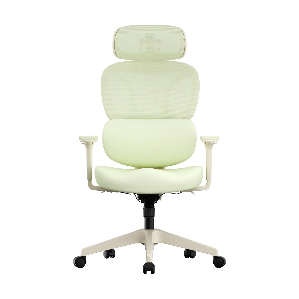 Ergonomic office chair in light green with padded headrest, armrests, and caster base