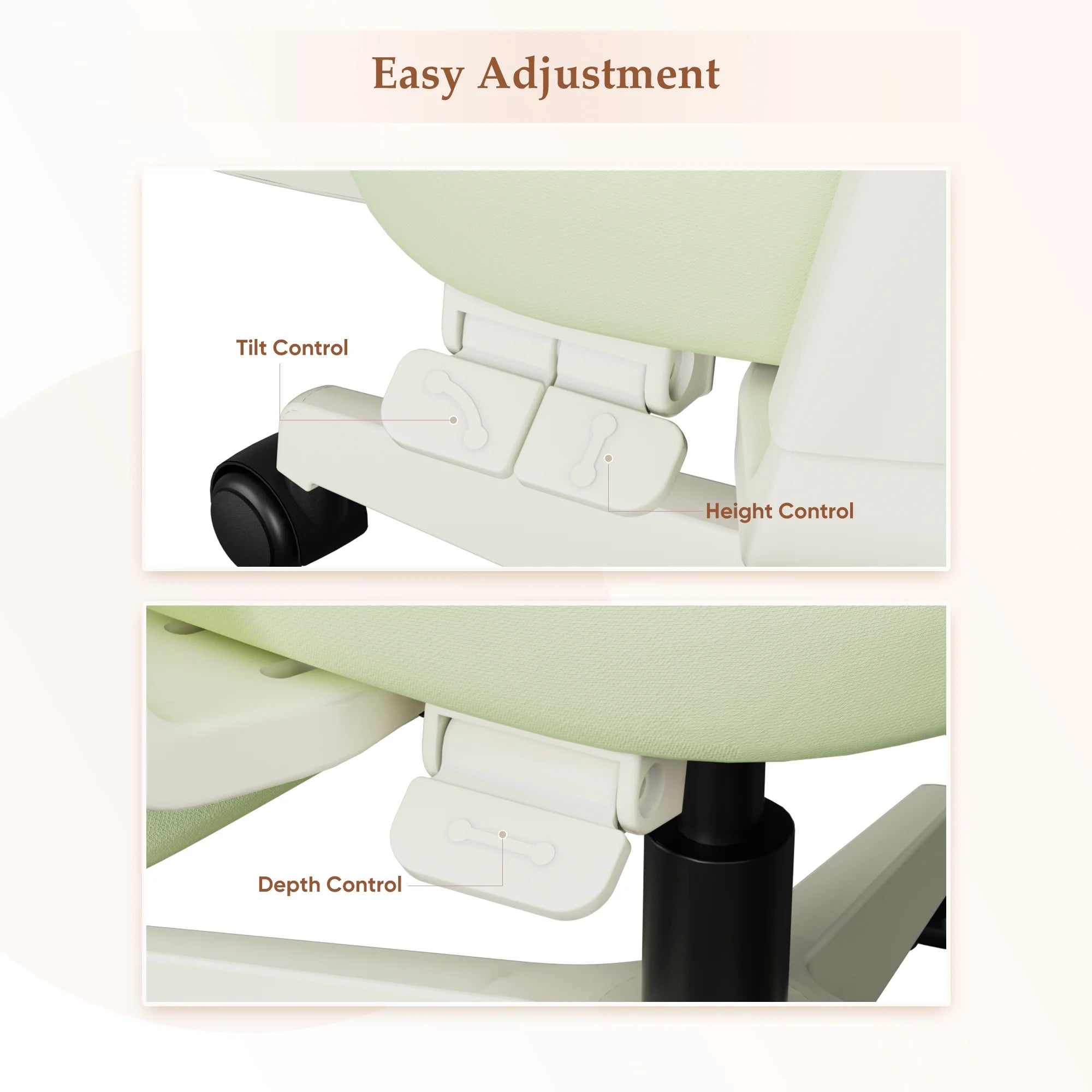 Adjustable office chair with white control panel and black armrest base, light green seat/back.