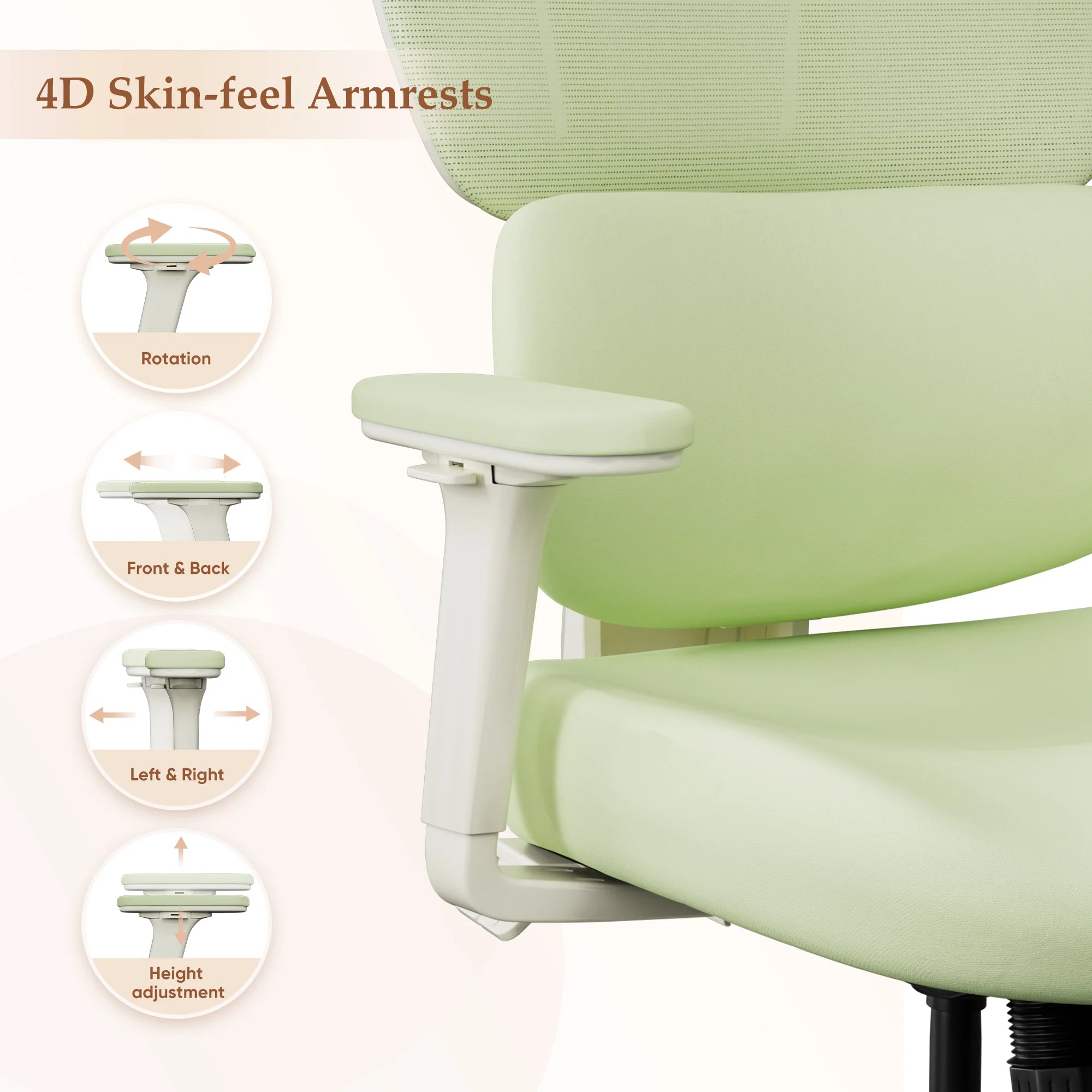 Light green office chair showing 4D skin-feel armrests and cushioned seat, white frame.