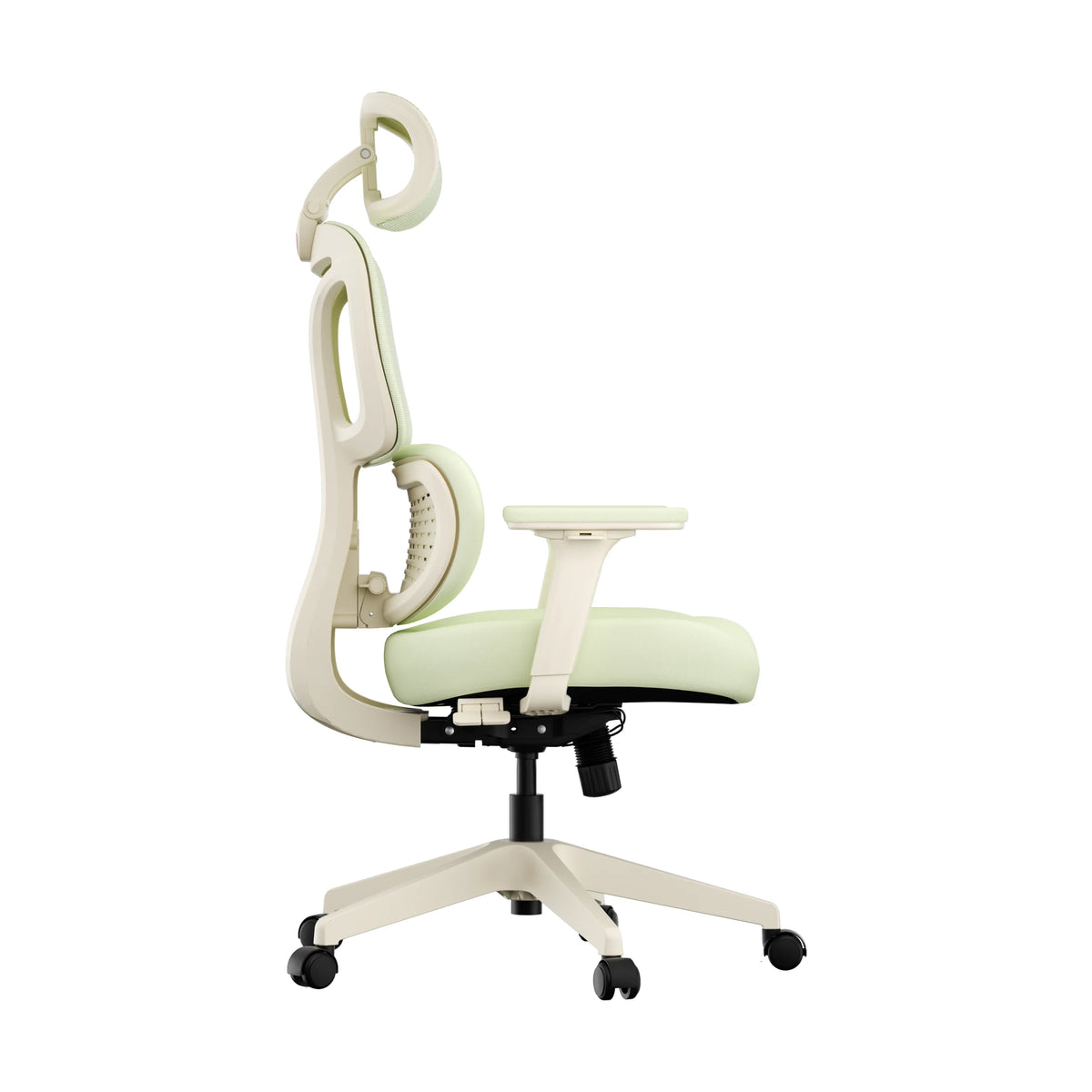 Ergonomic office chair in light green, side view with padded seat and rolling caster base