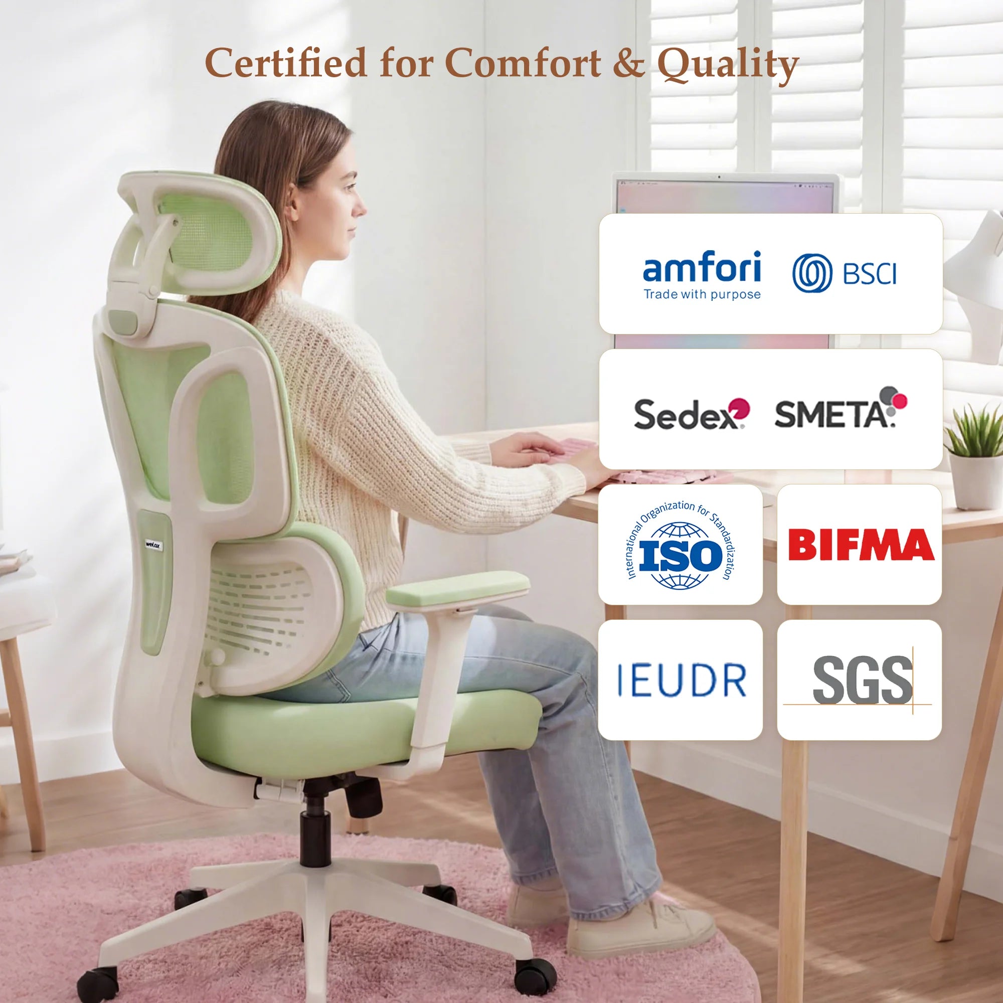 Light green office chair with cushioned backrest and white frame, on five caster wheels.