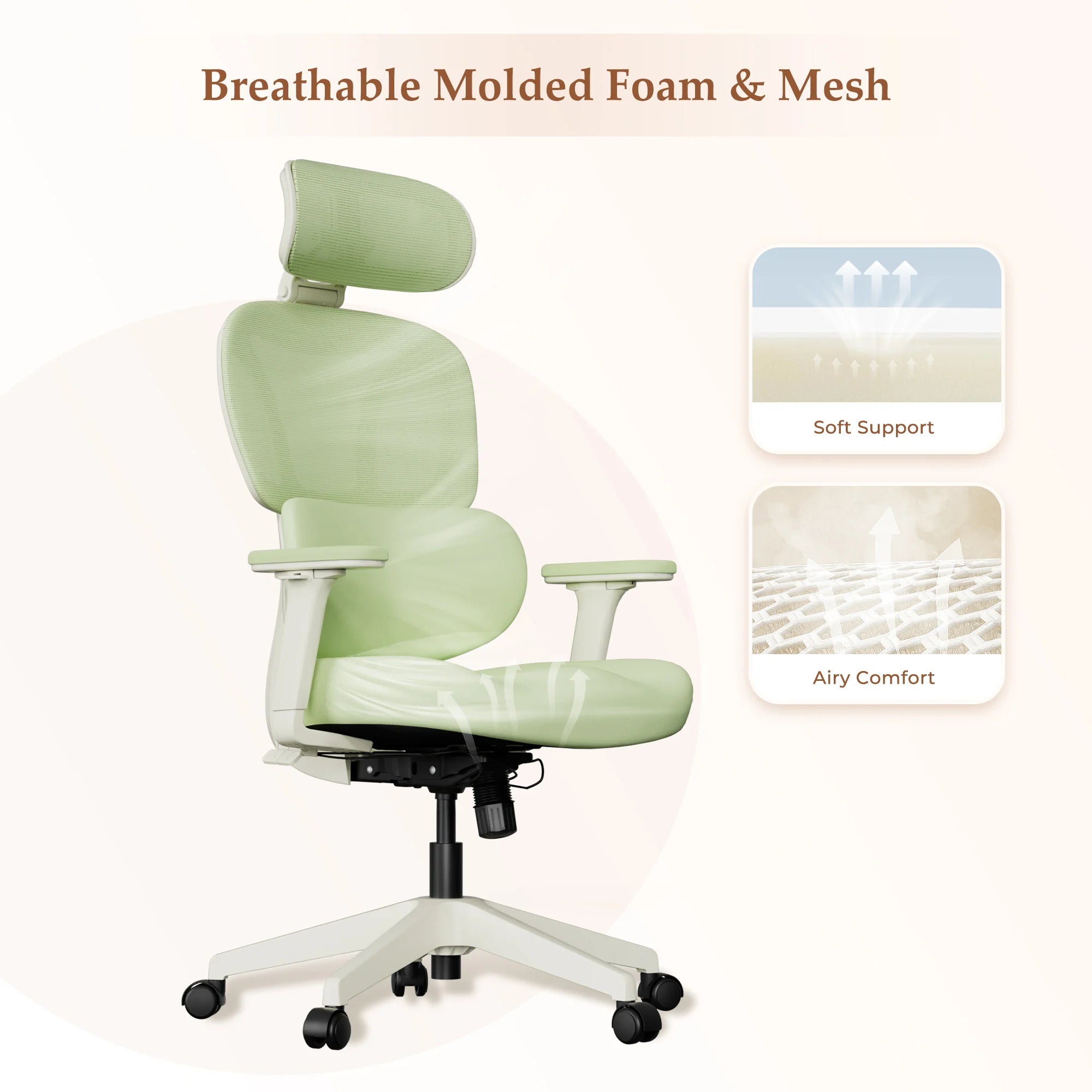 Breathable light green molded foam office chair with mesh back and five caster base.
