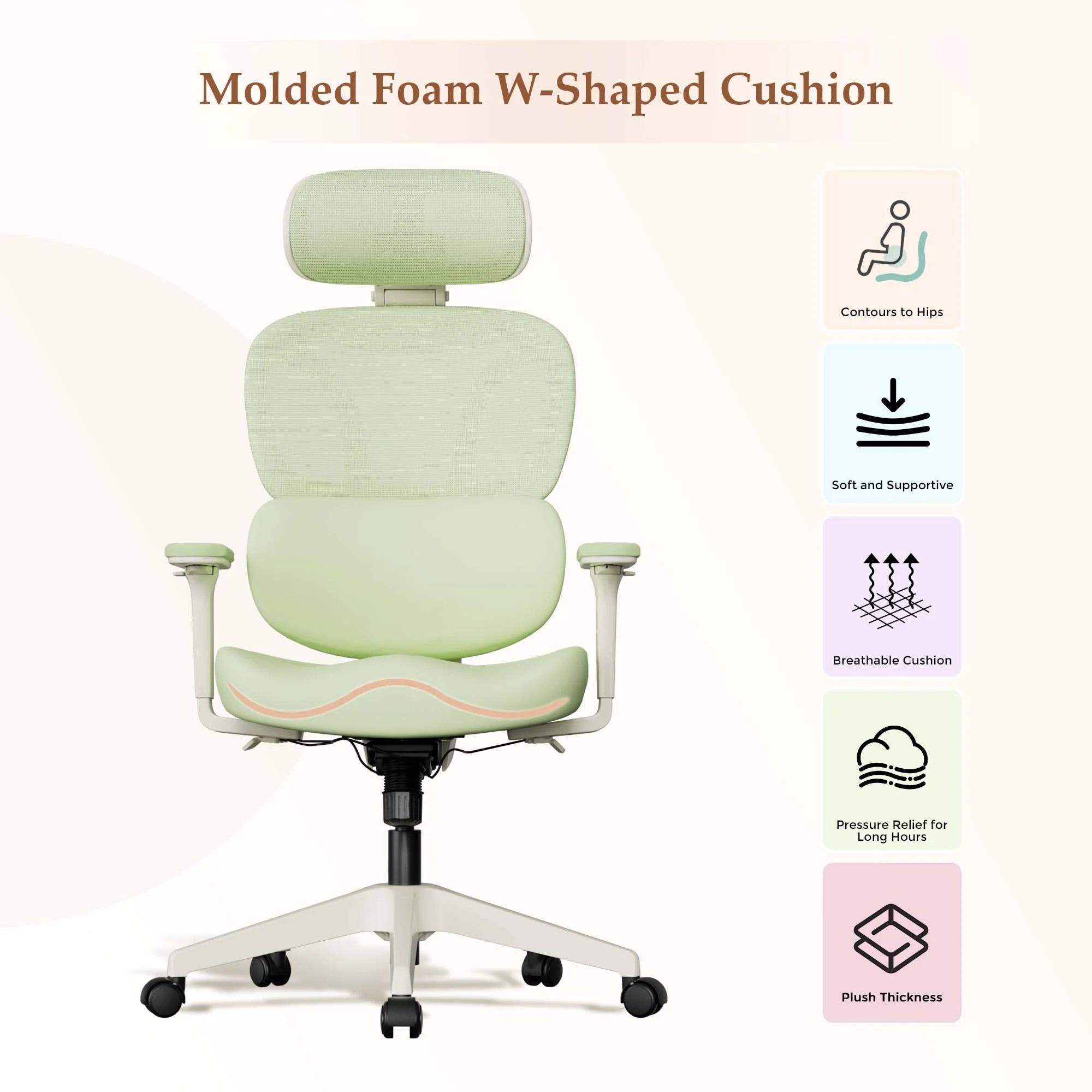 Green molded foam W-shaped office chair cushion with headrest and armrests