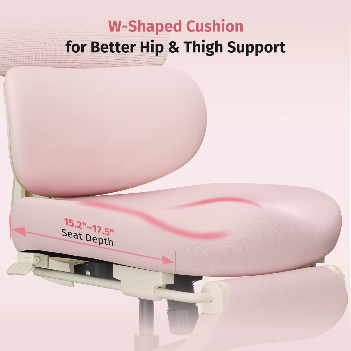 Ergonomic office chair seat cushion with W-shaped pink padding, detail view