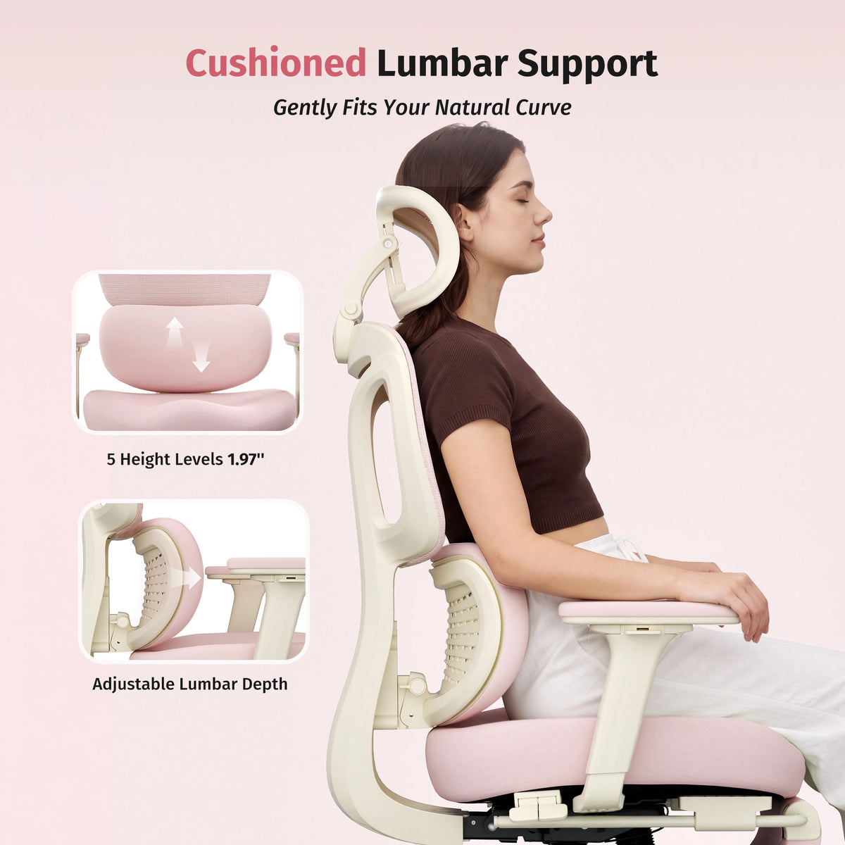 Ergonomic office chair with adjustable lumbar depth, cushioned headrest, and pale frame