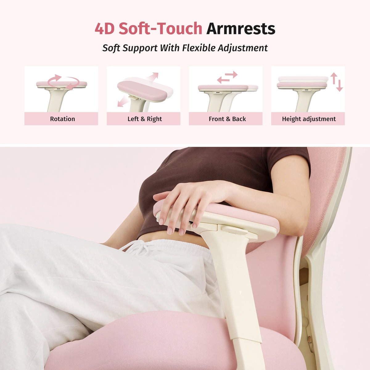 Ergonomic office chair with soft-touch armrests and pink mesh back, close-up