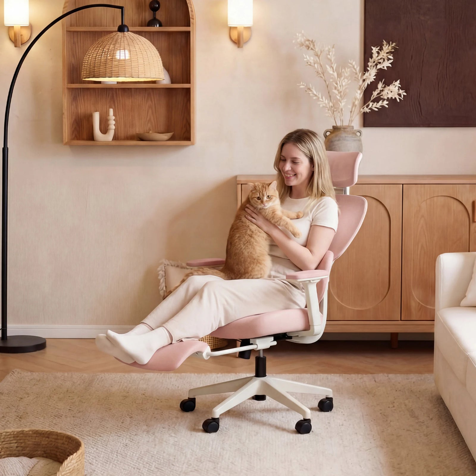 Cream office chair with rolling base and footrest, used for at-home desk work