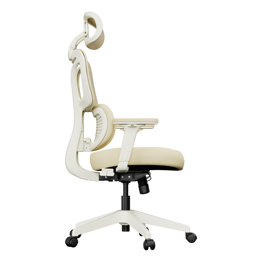 Cream ergonomic office chair, side view, with headrest, mesh back, and caster base