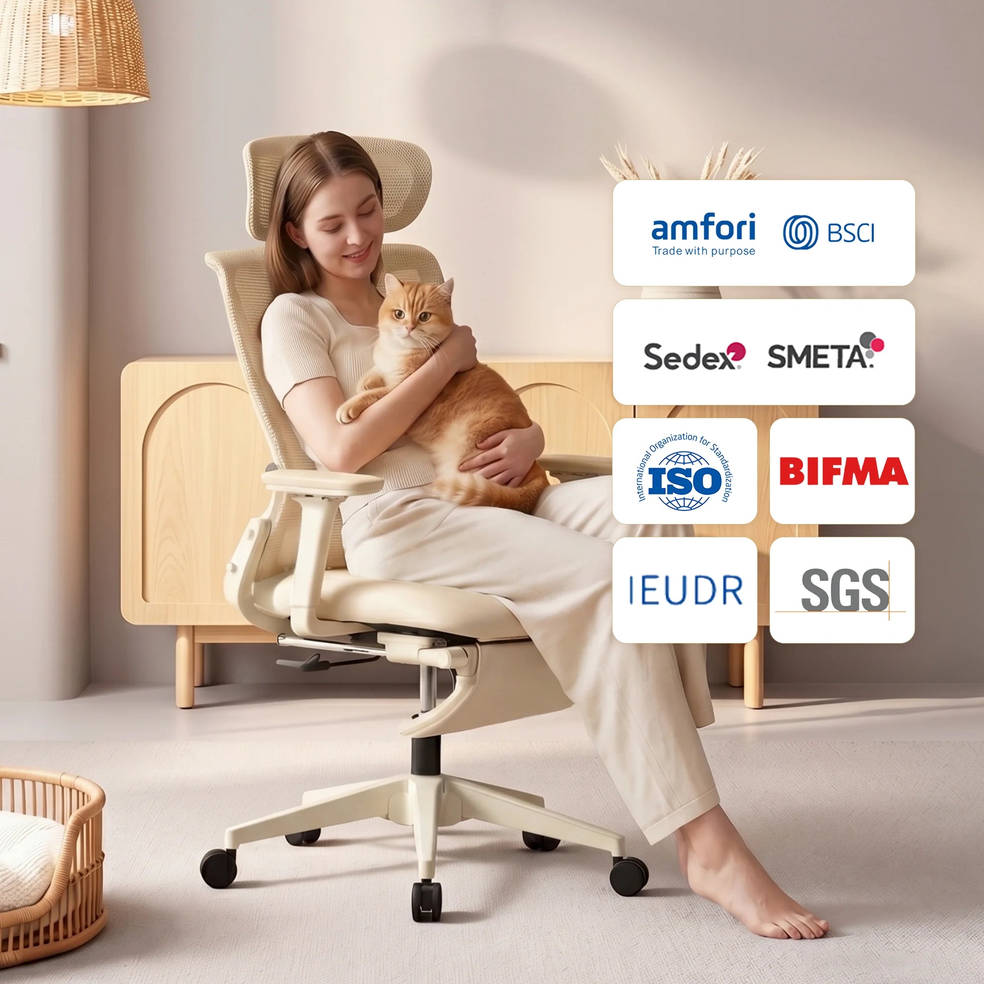 Ergonomic desk chair with foldable backrest, cream seat with headrest and casters