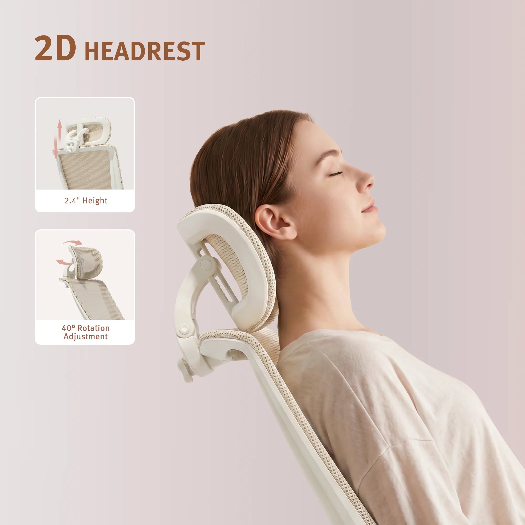 Ergonomic desk chair with foldable backrest, cream 2D headrest in side view