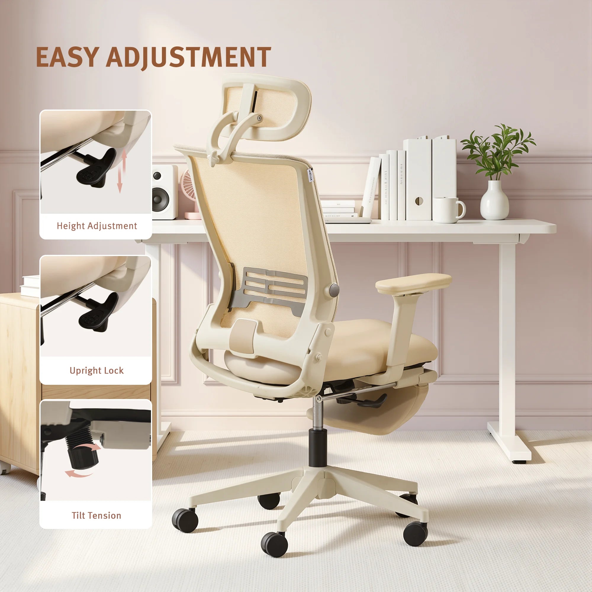 Pink ergonomic desk chair with adjustable backrest, white frame, armrests, rolling base
