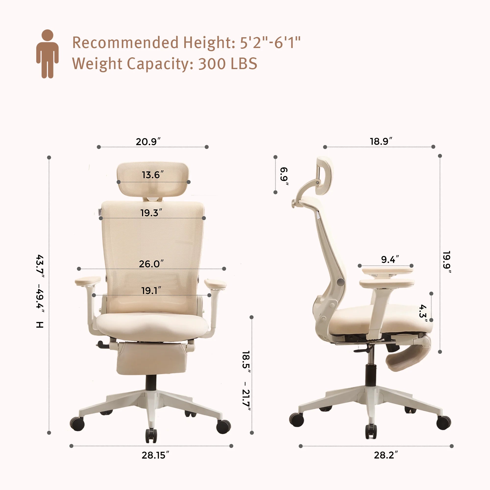 Ergonomic desk chair size diagram in cream with front and side measurements