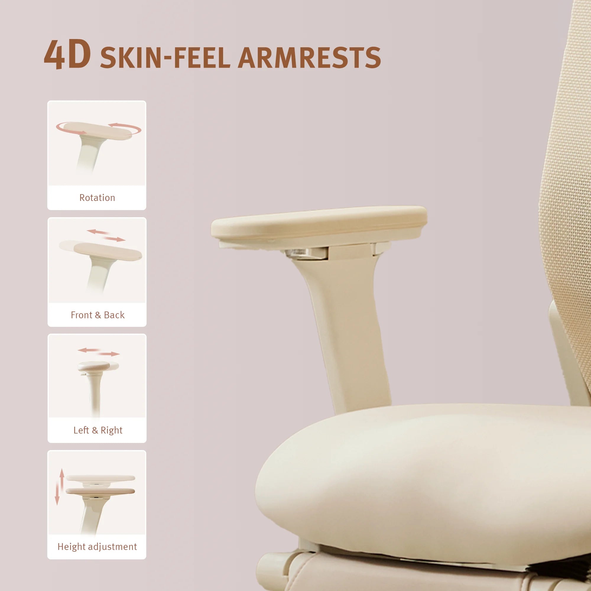 Ergonomic desk chair with foldable backrest, cream seat and 4D skin-feel armrests