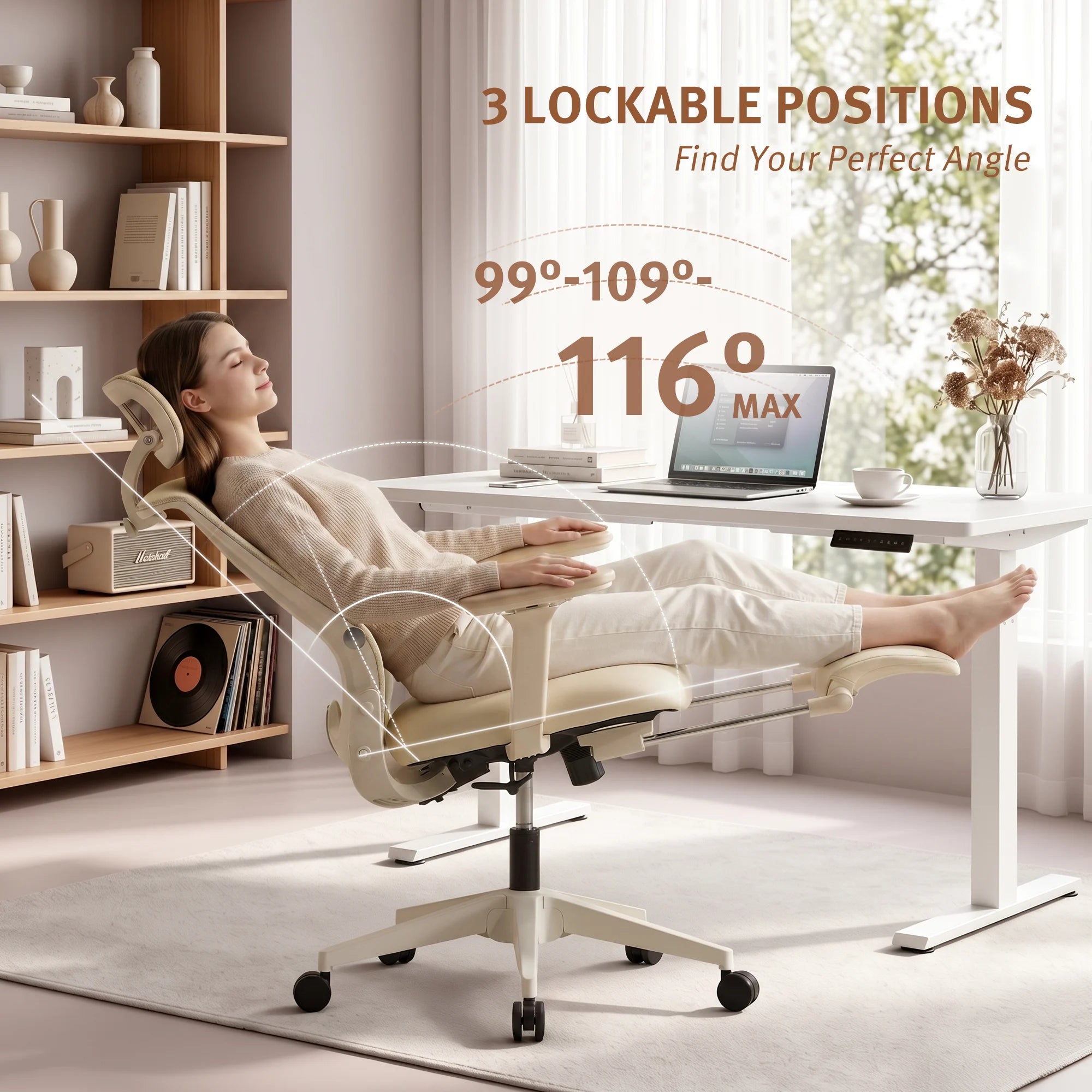 Ergonomic desk chair with foldable backrest, reclined green seat with casters