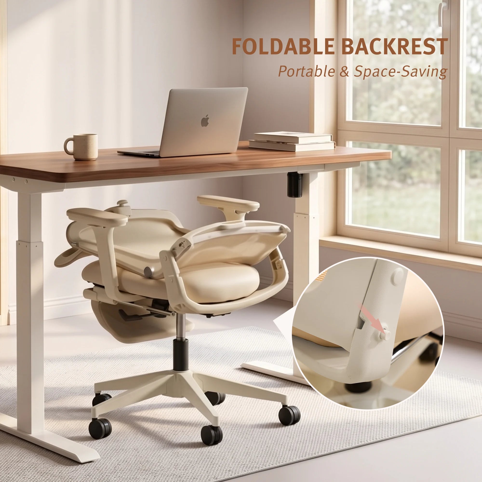 Ergonomic desk chair with foldable backrest, light beige frame and padded seat