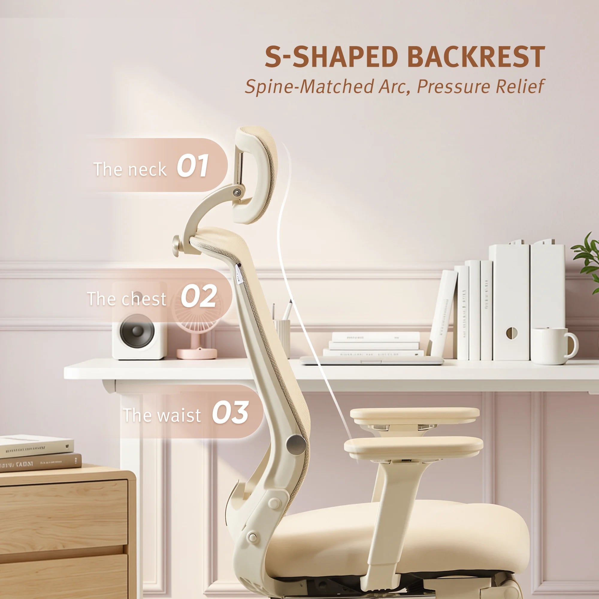 Ergonomic desk chair with foldable backrest, cream S-shaped backrest detail