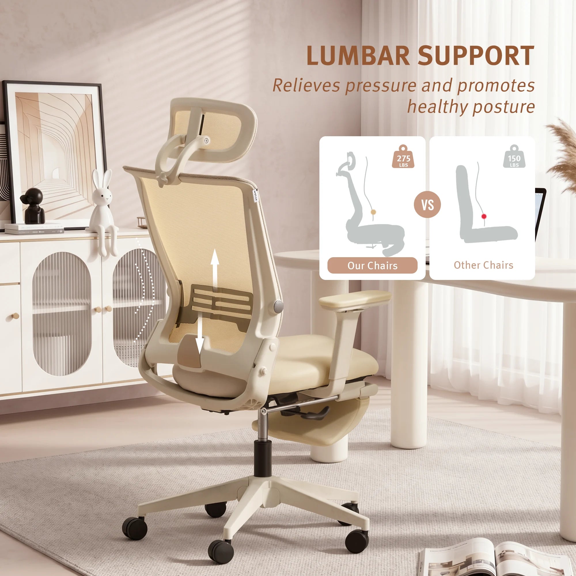 Ergonomic desk chair with lumbar support, cream backrest and white seat