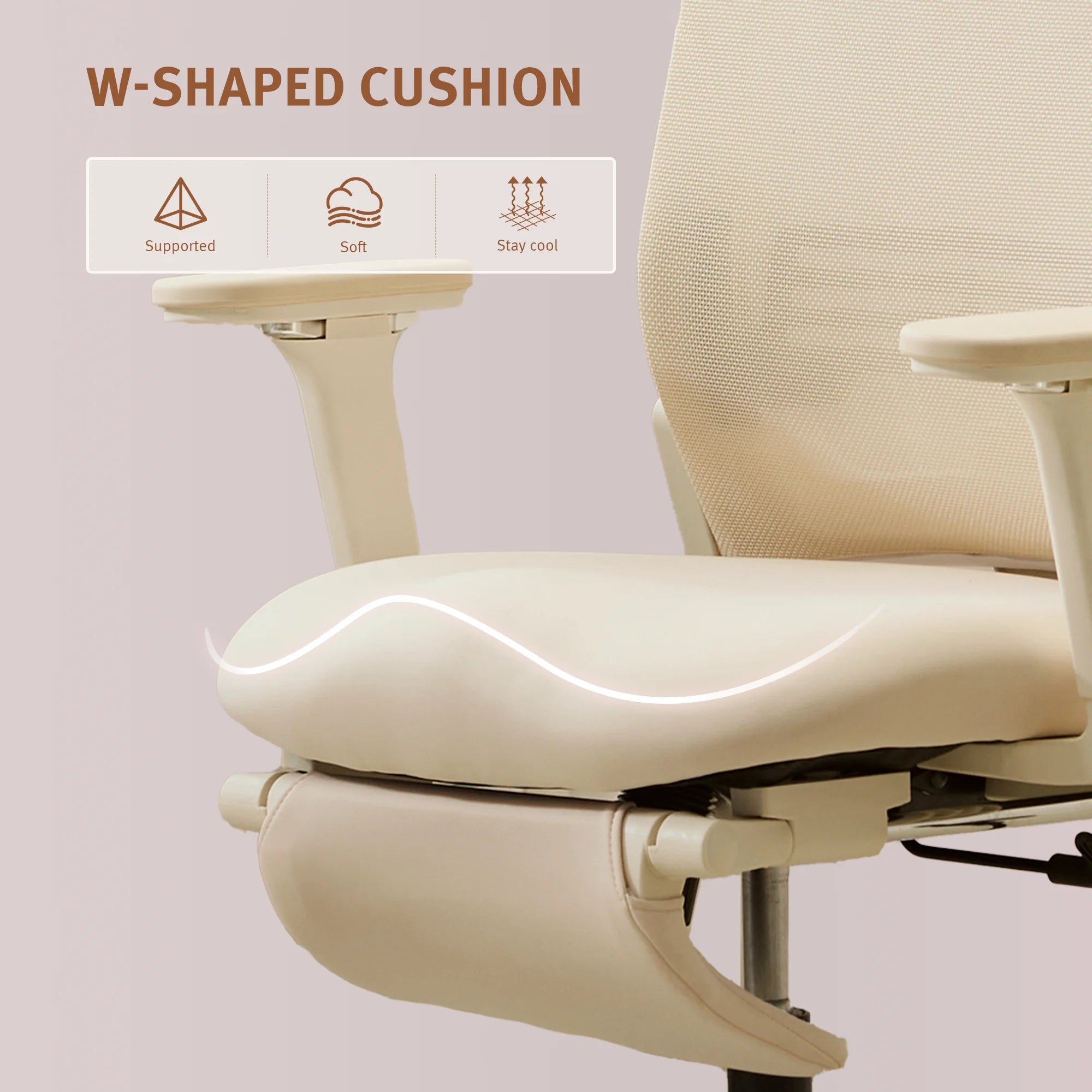Ergonomic desk chair with foldable backrest, cream W-shaped cushion and armrest