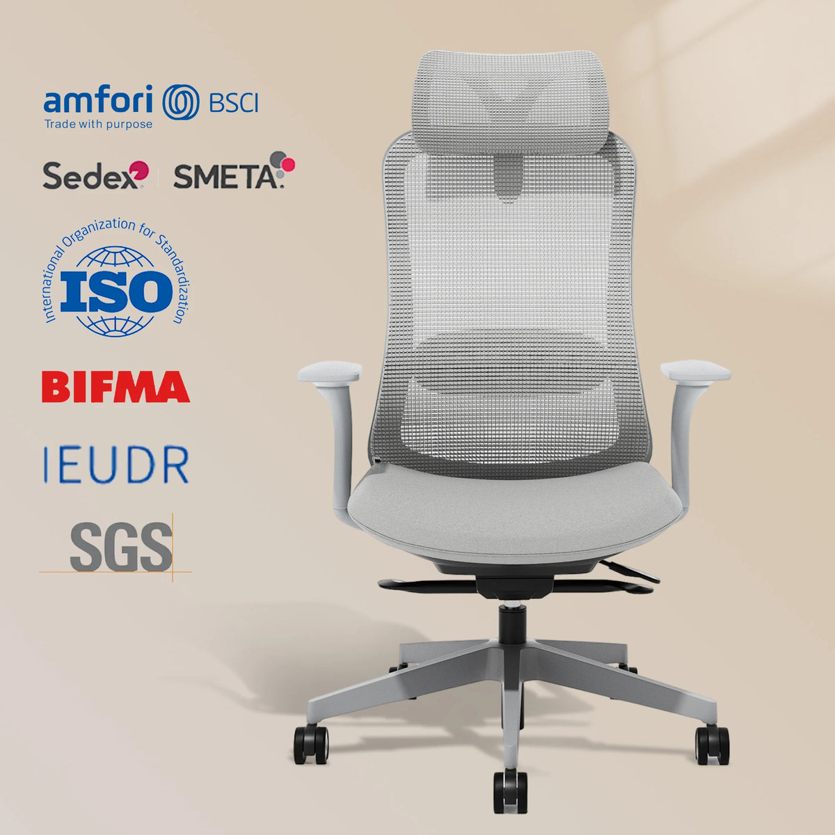 Gray mesh office chair with headrest and contoured seat, on caster wheels
