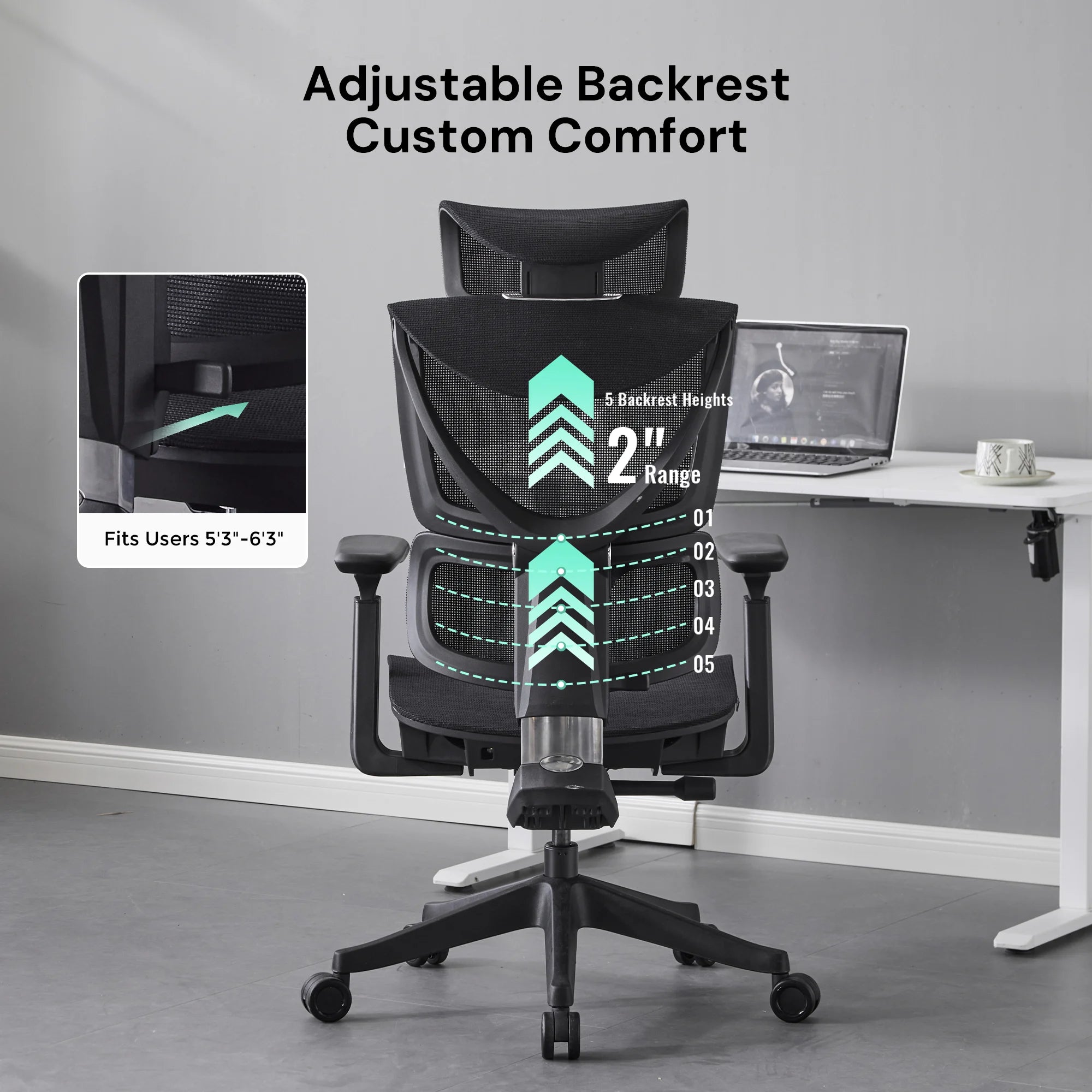 Black ergonomic office chair front view with adjustable backrest and lumbar panel
