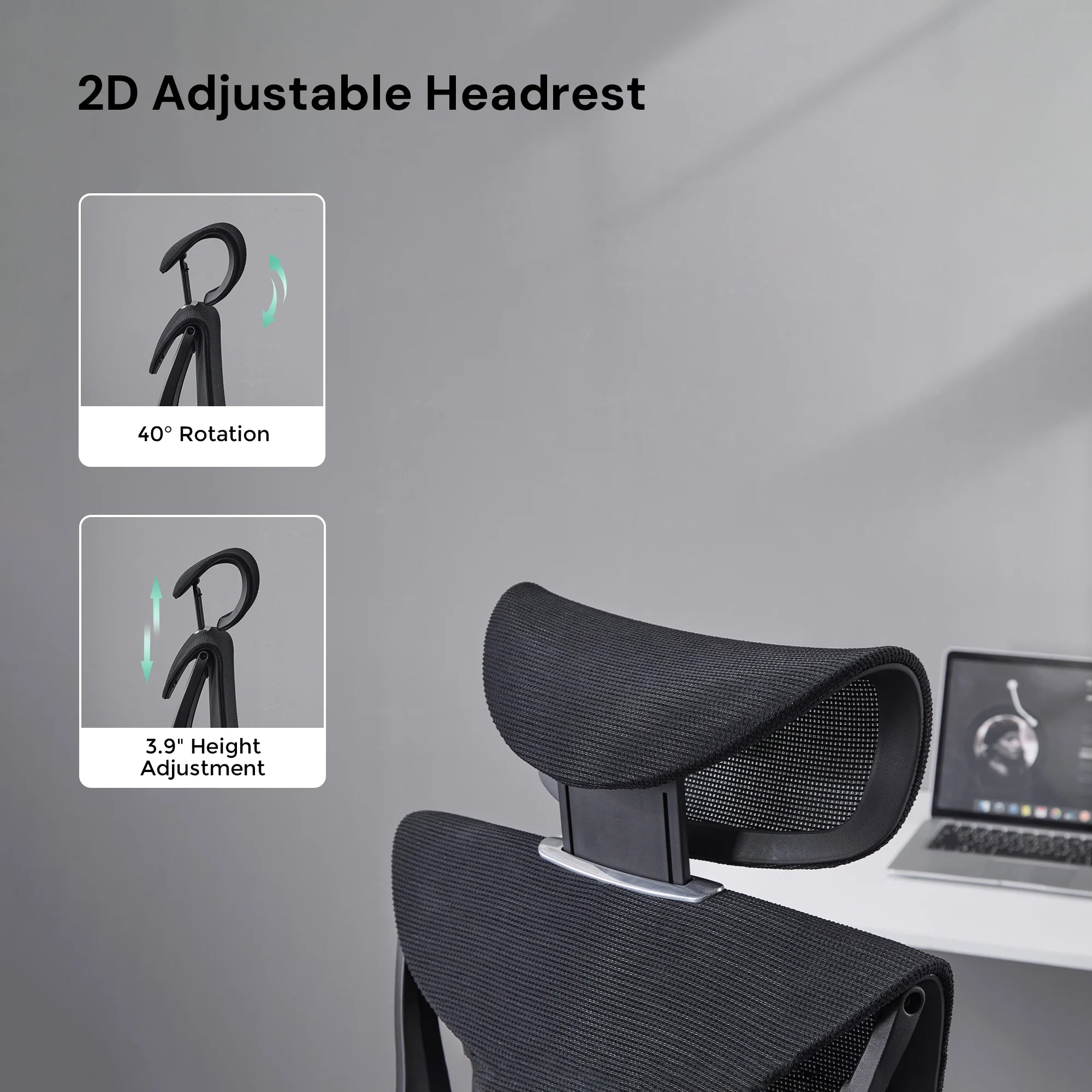 Ergonomic office chair with 2D adjustable headrest and breathable mesh back