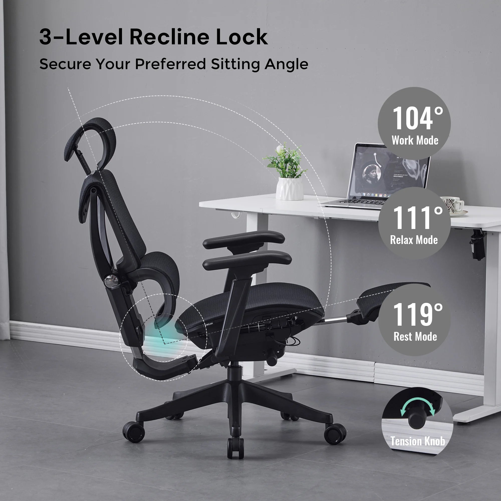 Black ergonomic office chair with adjustable back recline and padded armrests