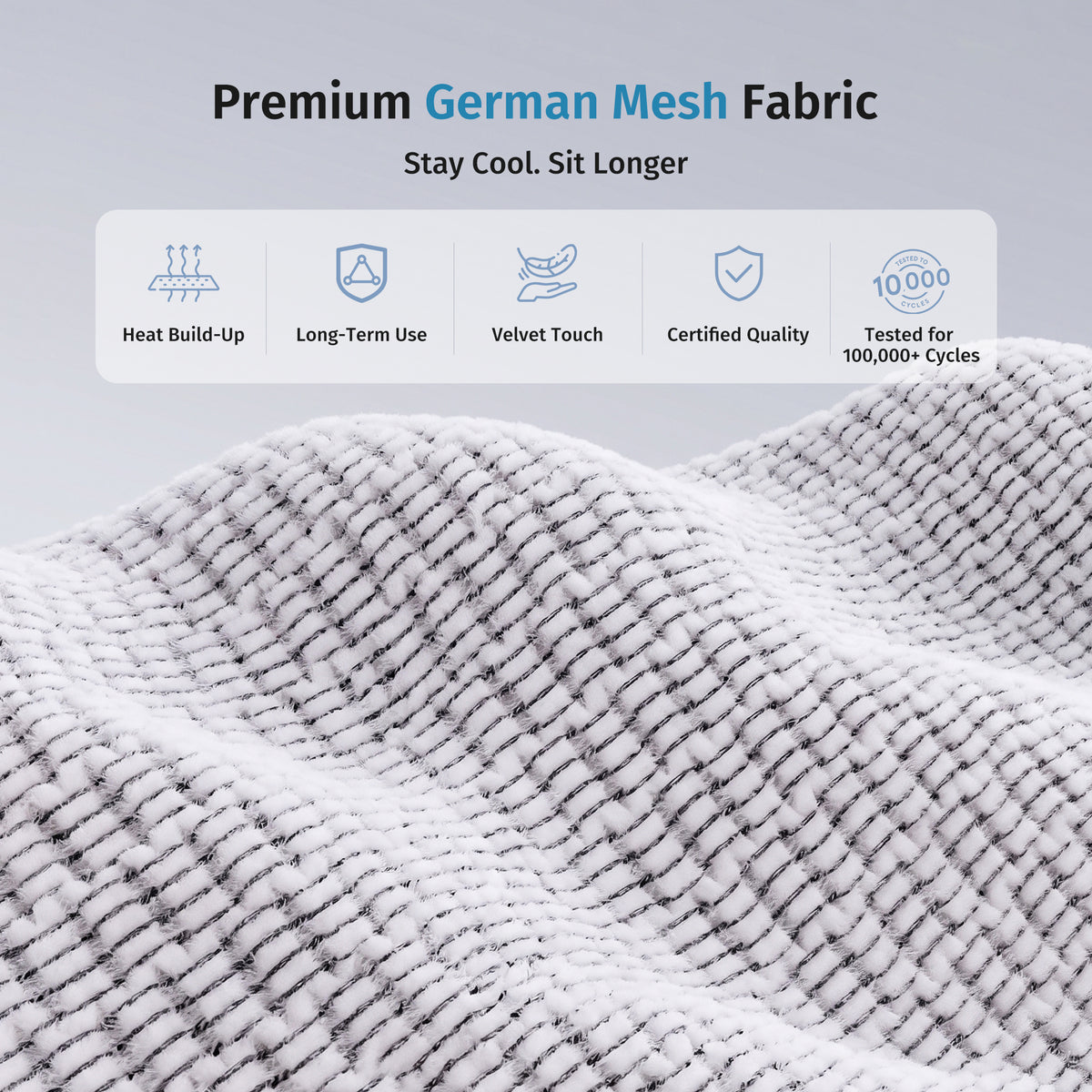 White breathable mesh fabric upholstery close-up for ergonomic office chair