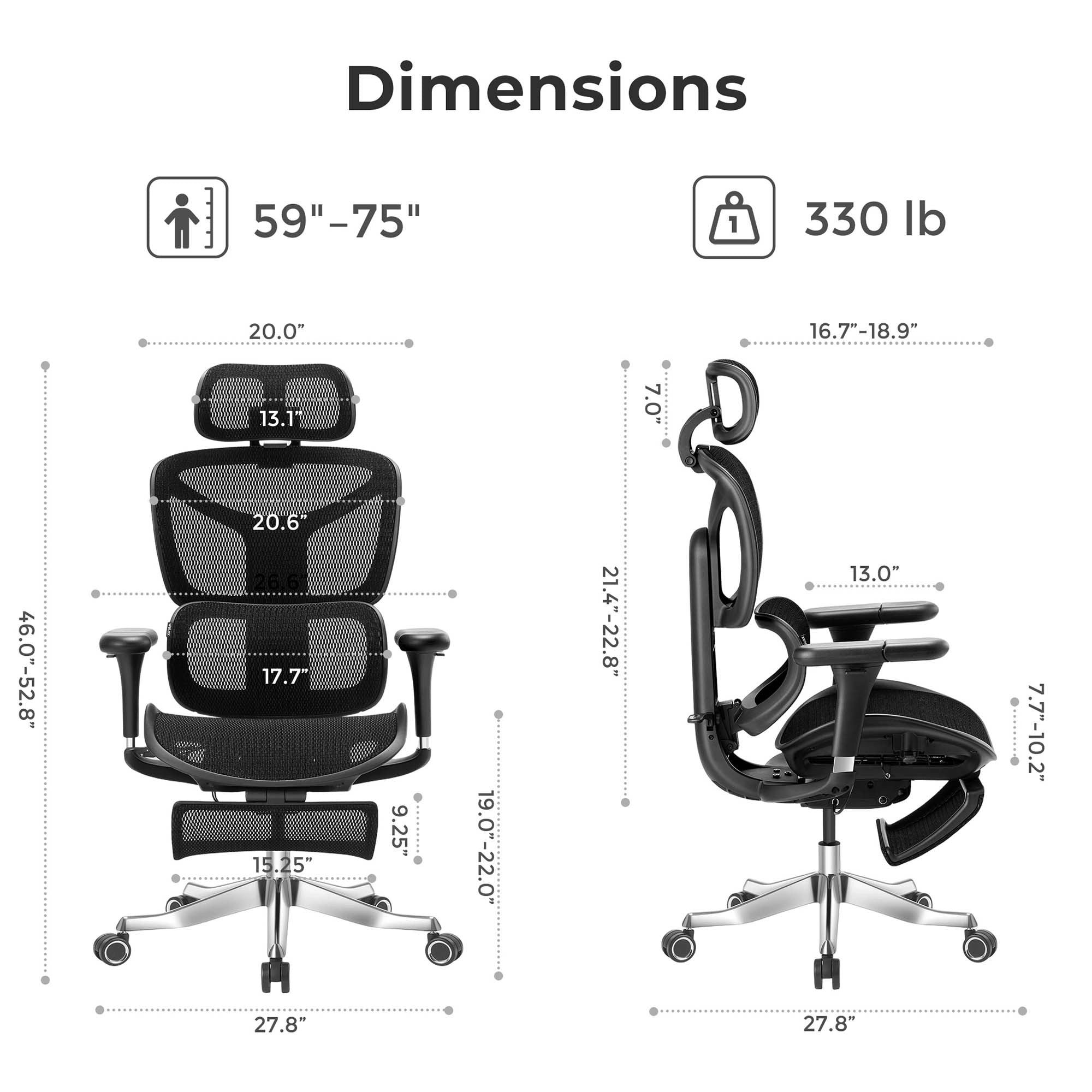 Ergonomic office chair dimensions diagram, front and side measurements with armrests.
