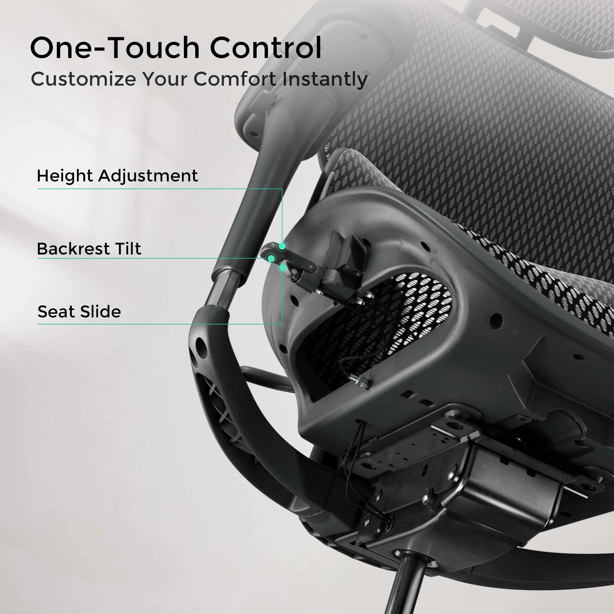 Ergonomic office chair headrest and backrest, dark mesh with curved black frame.