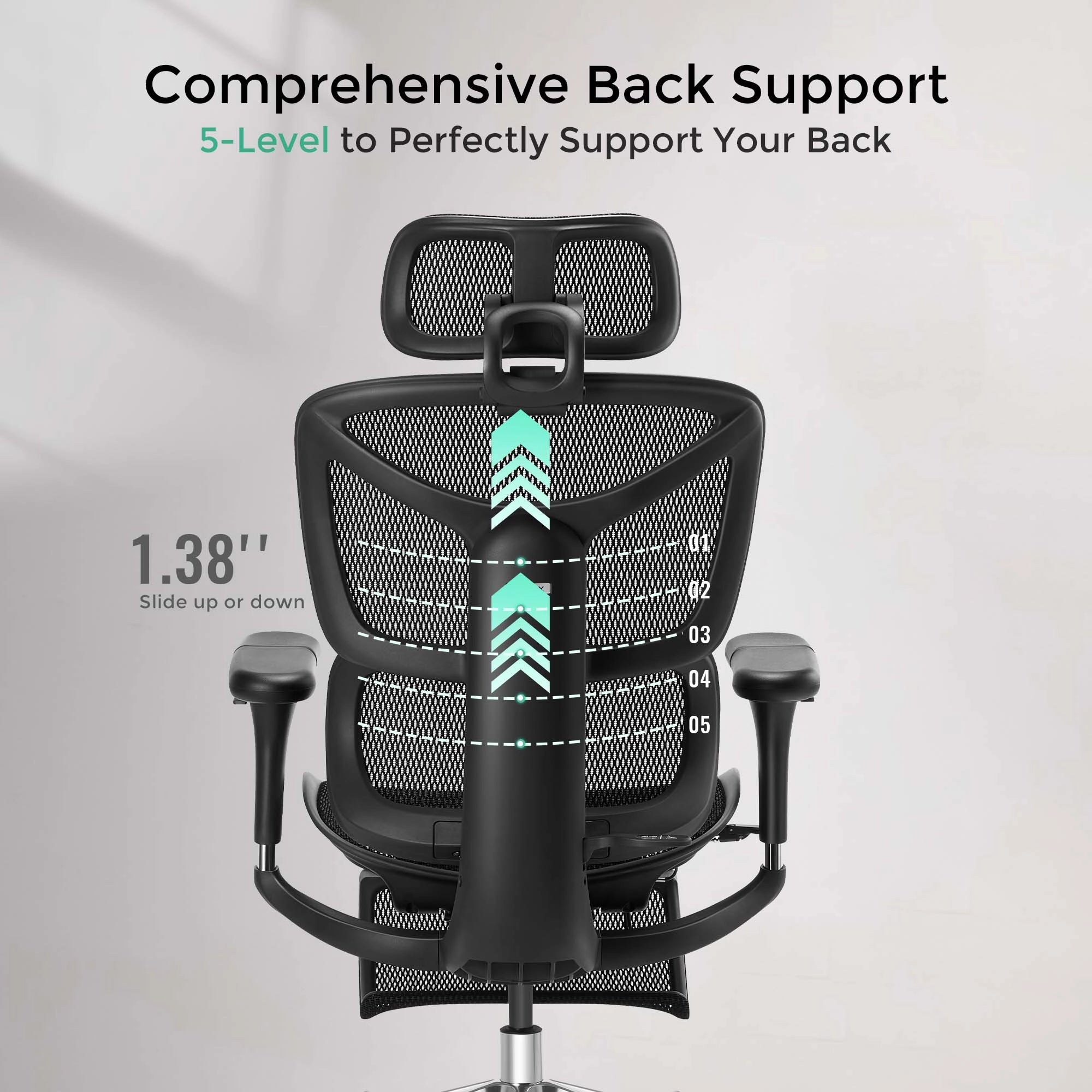 Black ergonomic office chair with mesh backrest and headrest, lumbar support mechanism