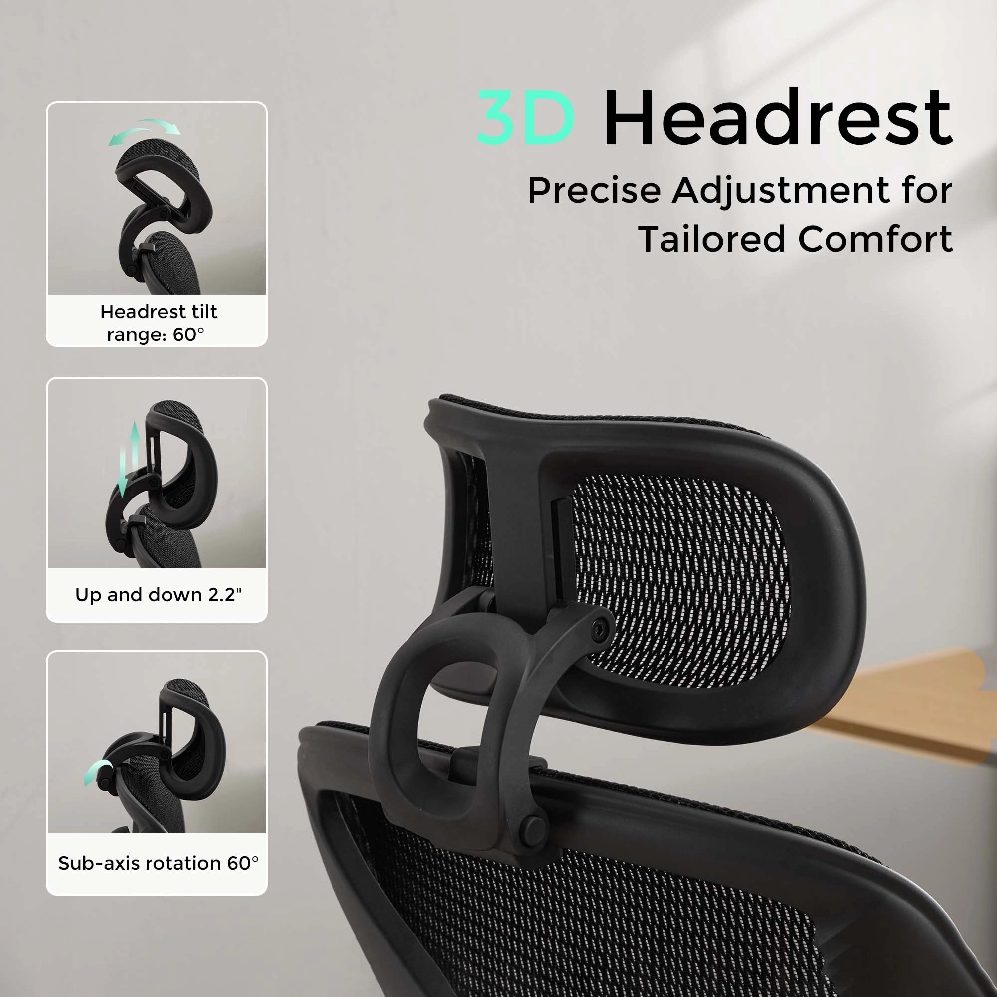 Black mesh office chair headrest with side adjustment hardware