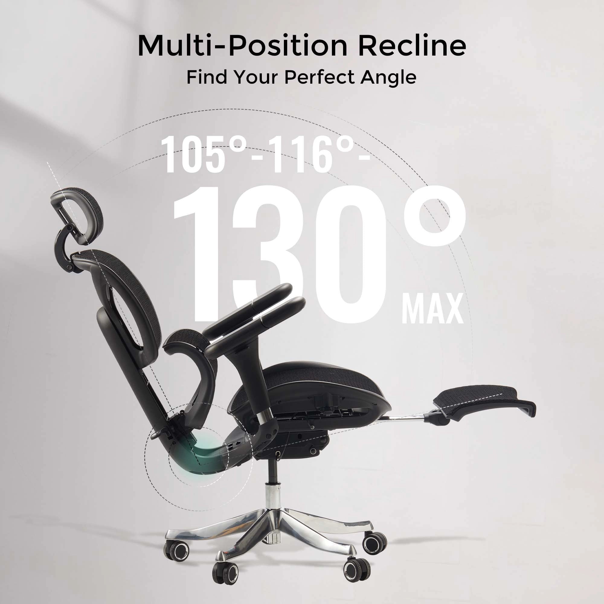 Ergonomic office chair recline view, dark mesh seat with multi-position tilt backrest.